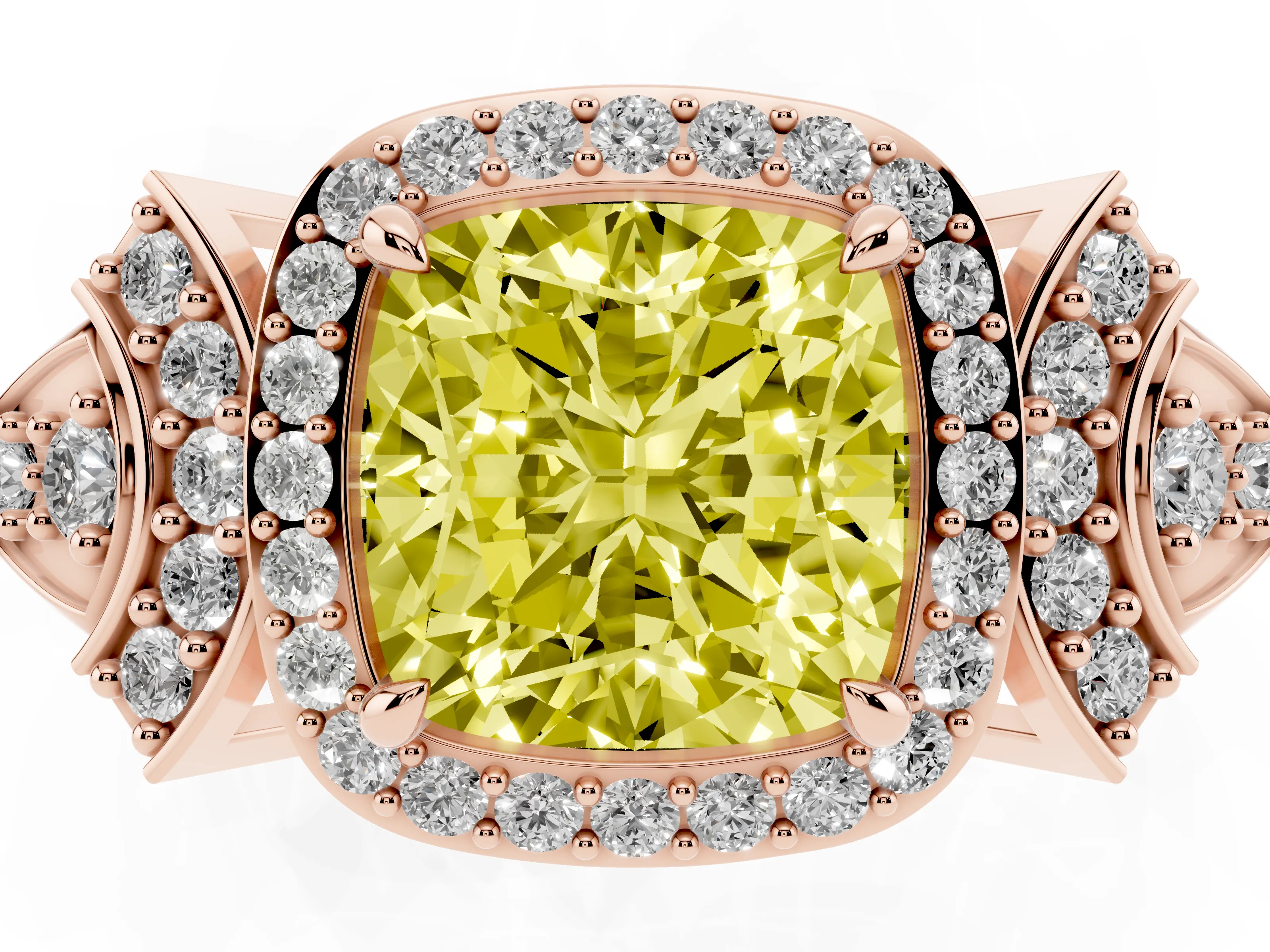 Fancy Yellow Cushion Cut Diamond Halo Engagement Ring Set in Rose gold with Accent Stone Split Shank