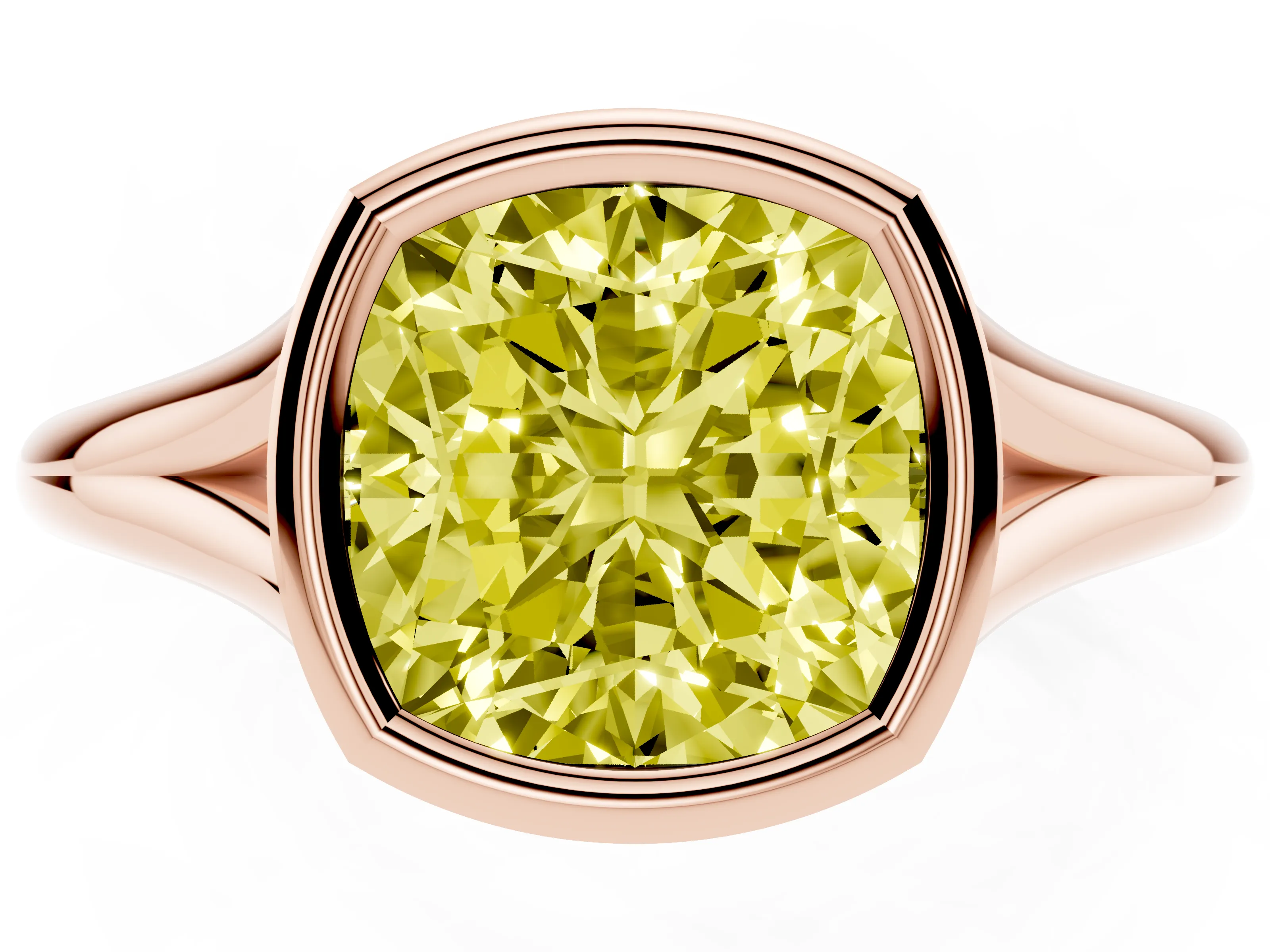 Fancy Yellow Bezel Set Cushion Cut Diamond Solitaire Ring Set in Rose gold with Tapered Band