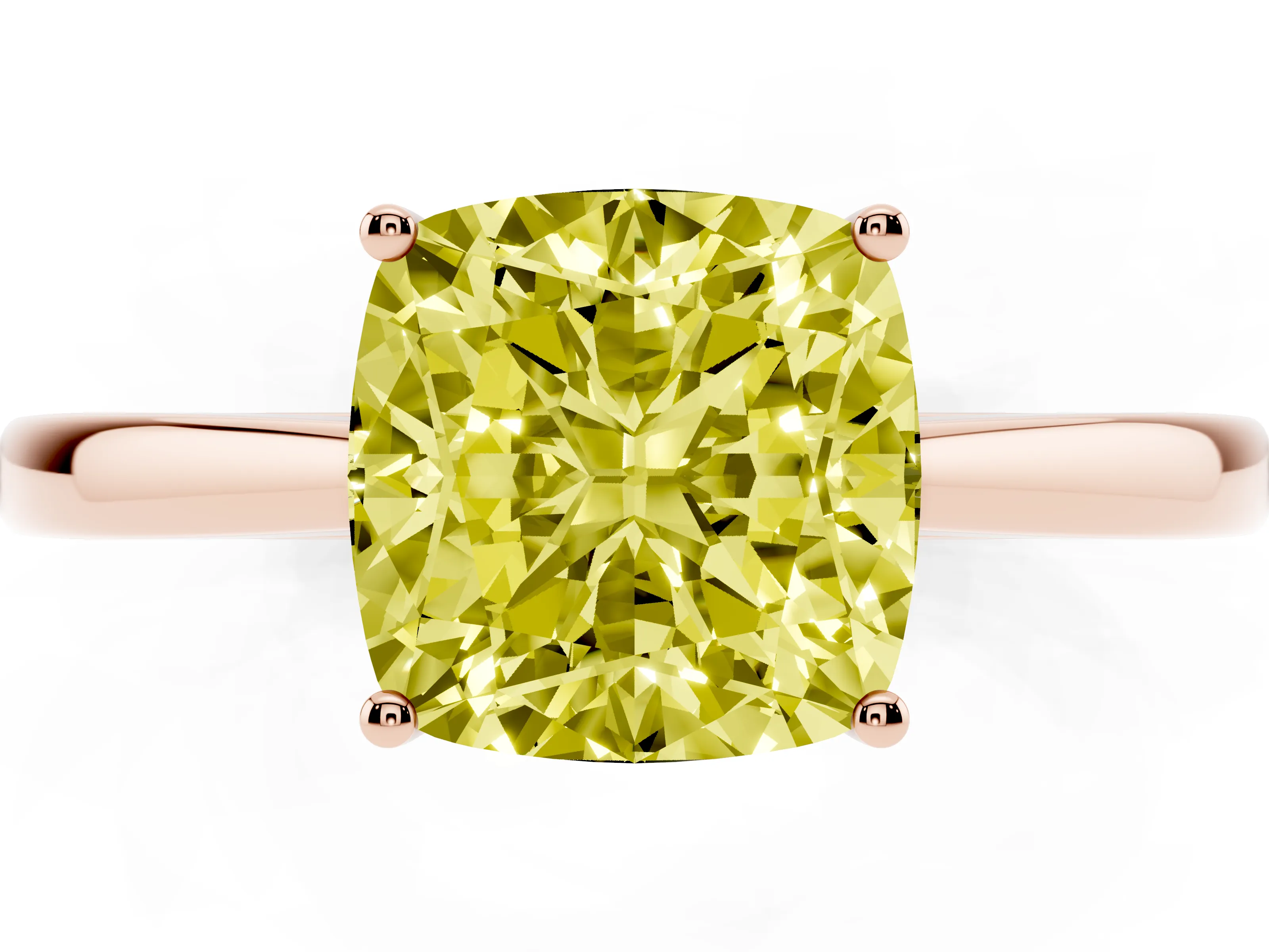 Fancy Yellow Cushion Cut Diamond Solitaire Ring Set in Rose gold with Split Shank and Prong Setting