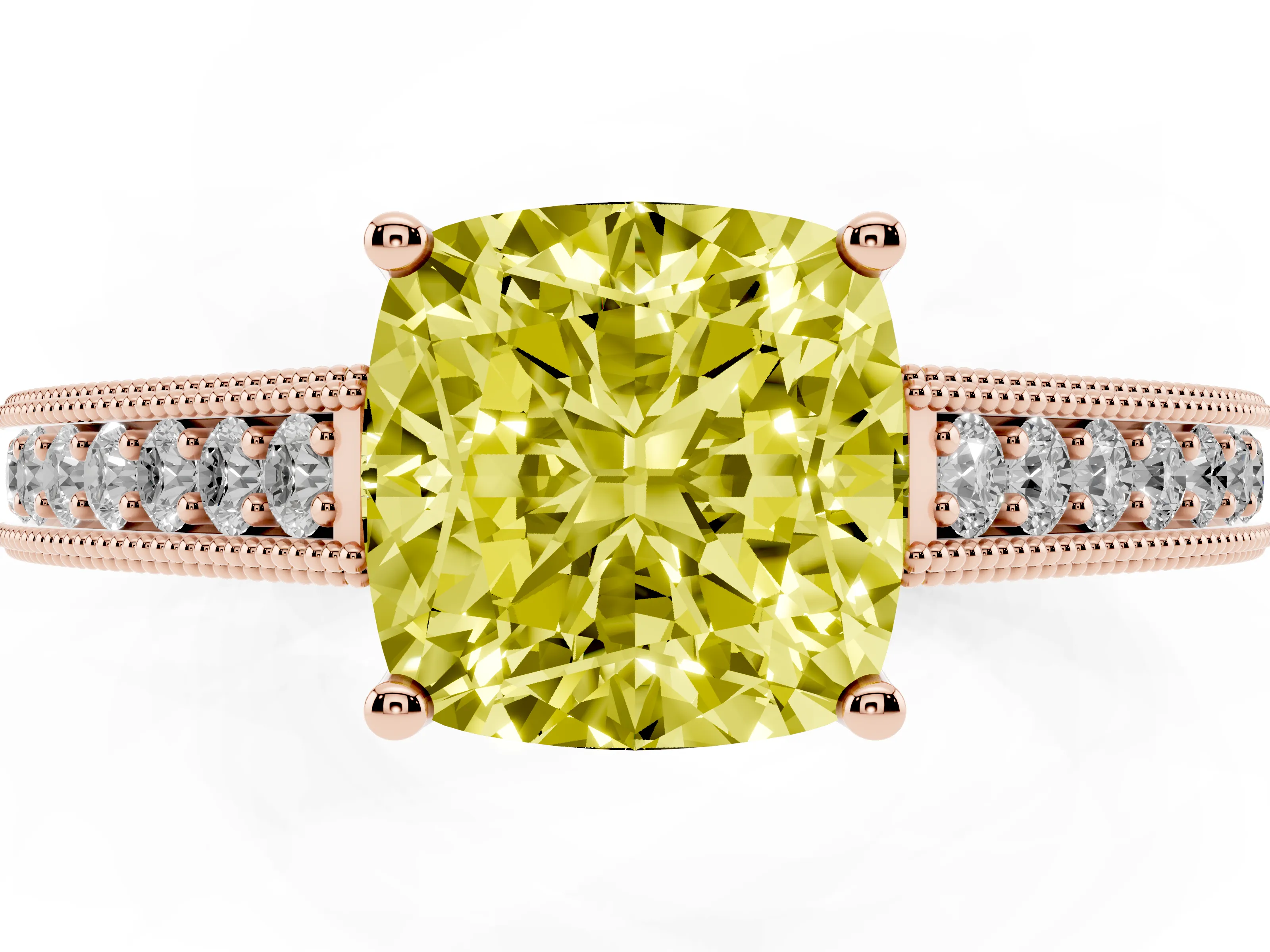 Fancy Yellow Cushion Cut Diamond Milgrain Pavé Band Solitaire Ring Set in Rose gold with Prong Setting