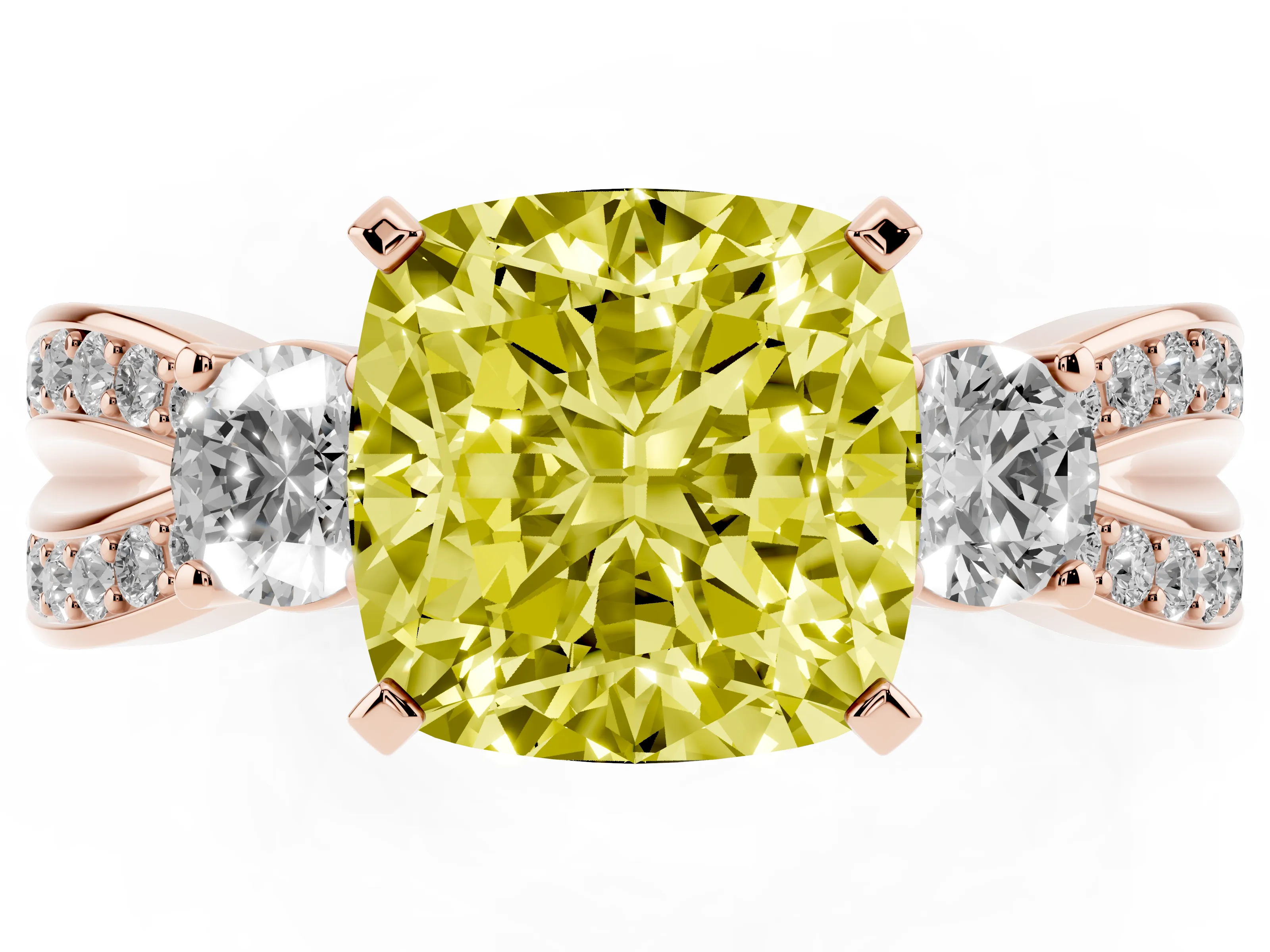 Fancy Yellow Three-Stone Cushion Cut Diamond Twist Band Ring Set in Rose gold with Pavé Accents and Prong Setting