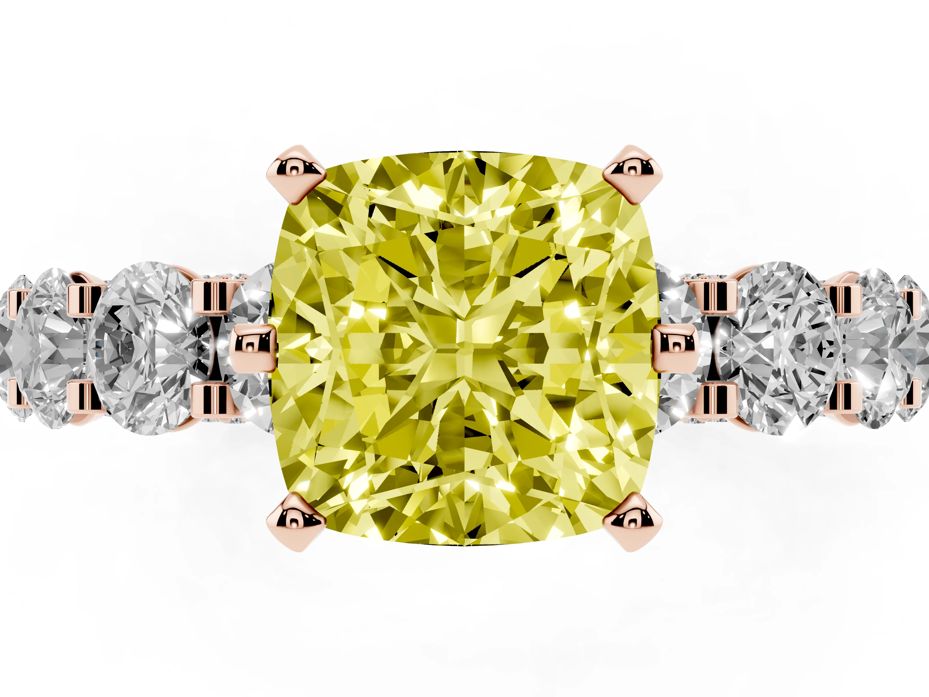 Fancy Yellow Cushion Cut Diamond Side Stone Ring Set in Rose gold with Alternating Round and Oval Side Stones