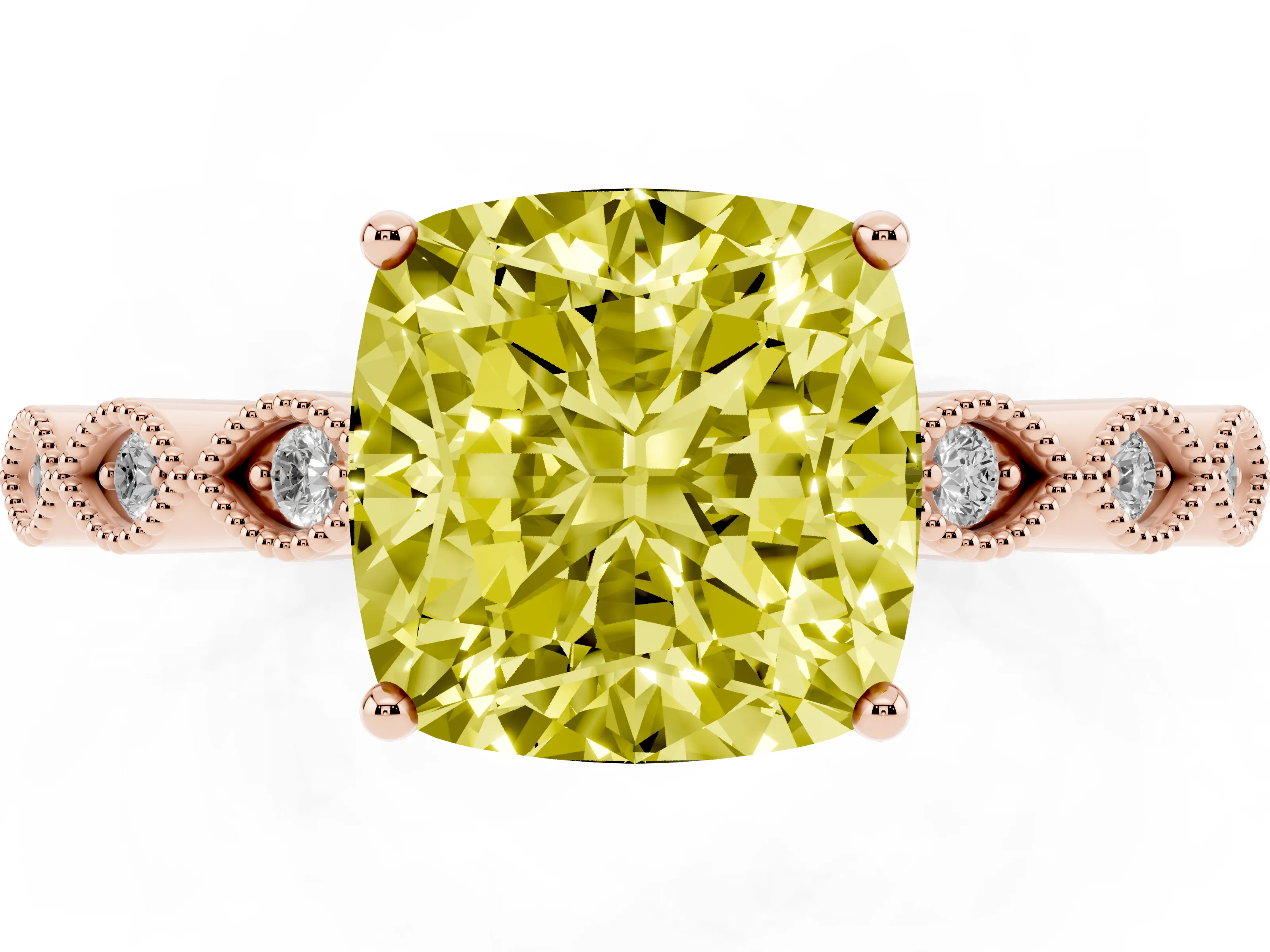 Fancy Yellow Cushion Cut Diamond Solitaire Ring Set in Rose gold with Infinity Twist Pavé Band
