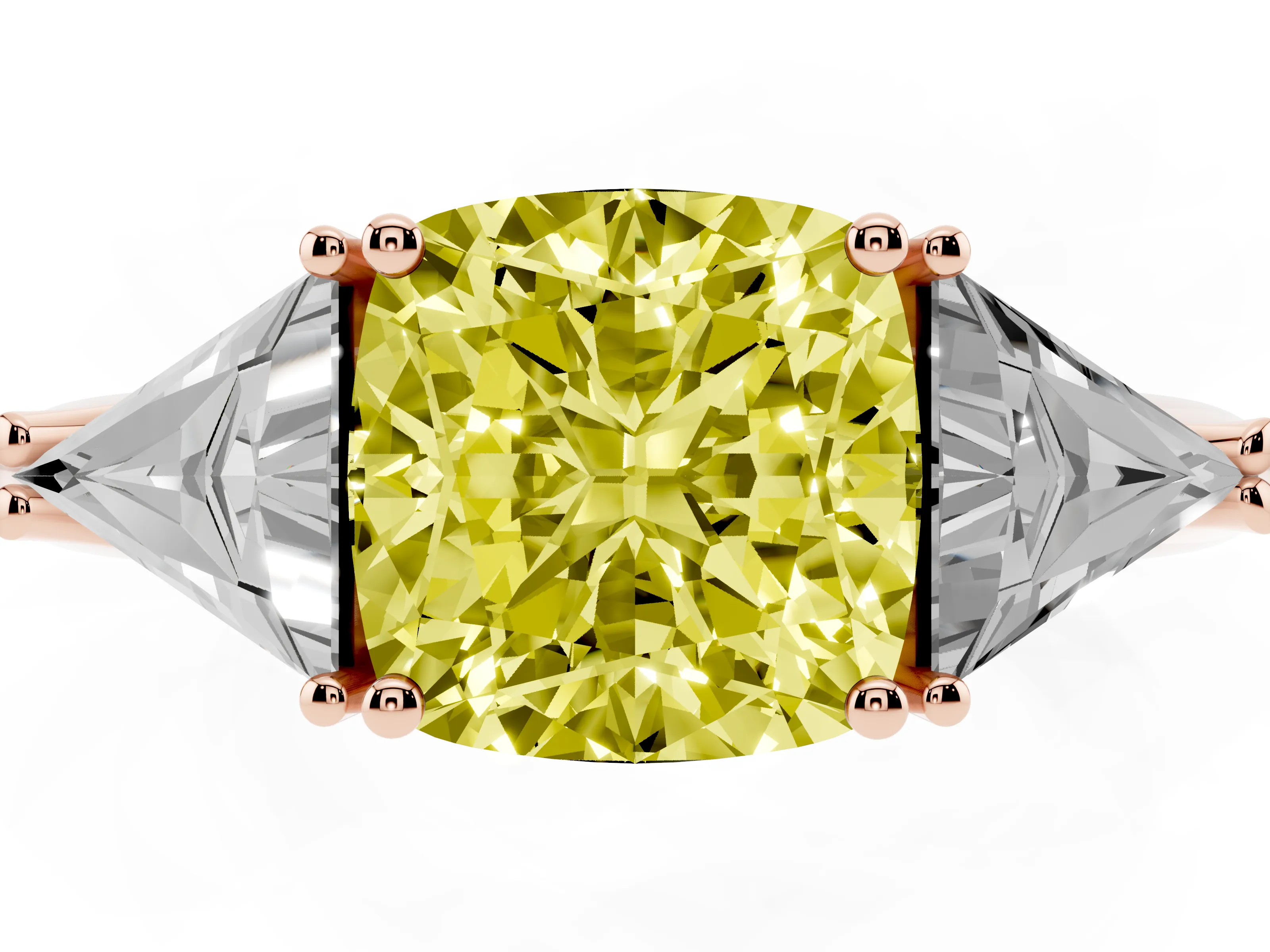 Fancy Yellow Cushion Cut Diamond Three-Stone Engagement Ring Set in Rose gold with Trillion Side Stones