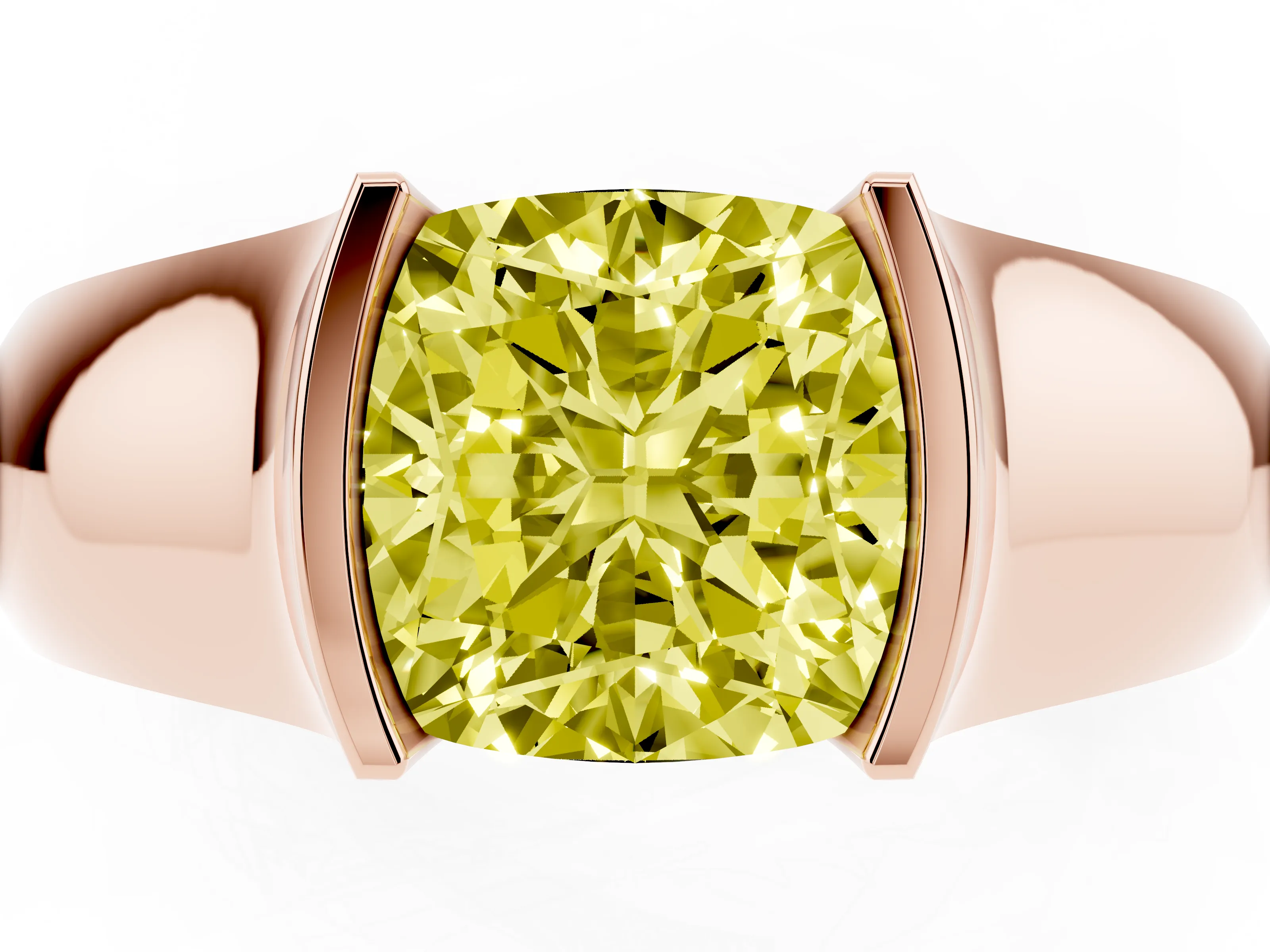 Fancy Yellow Cushion Cut Diamond Bezel Solitaire Ring Set in Rose gold with Wide Band