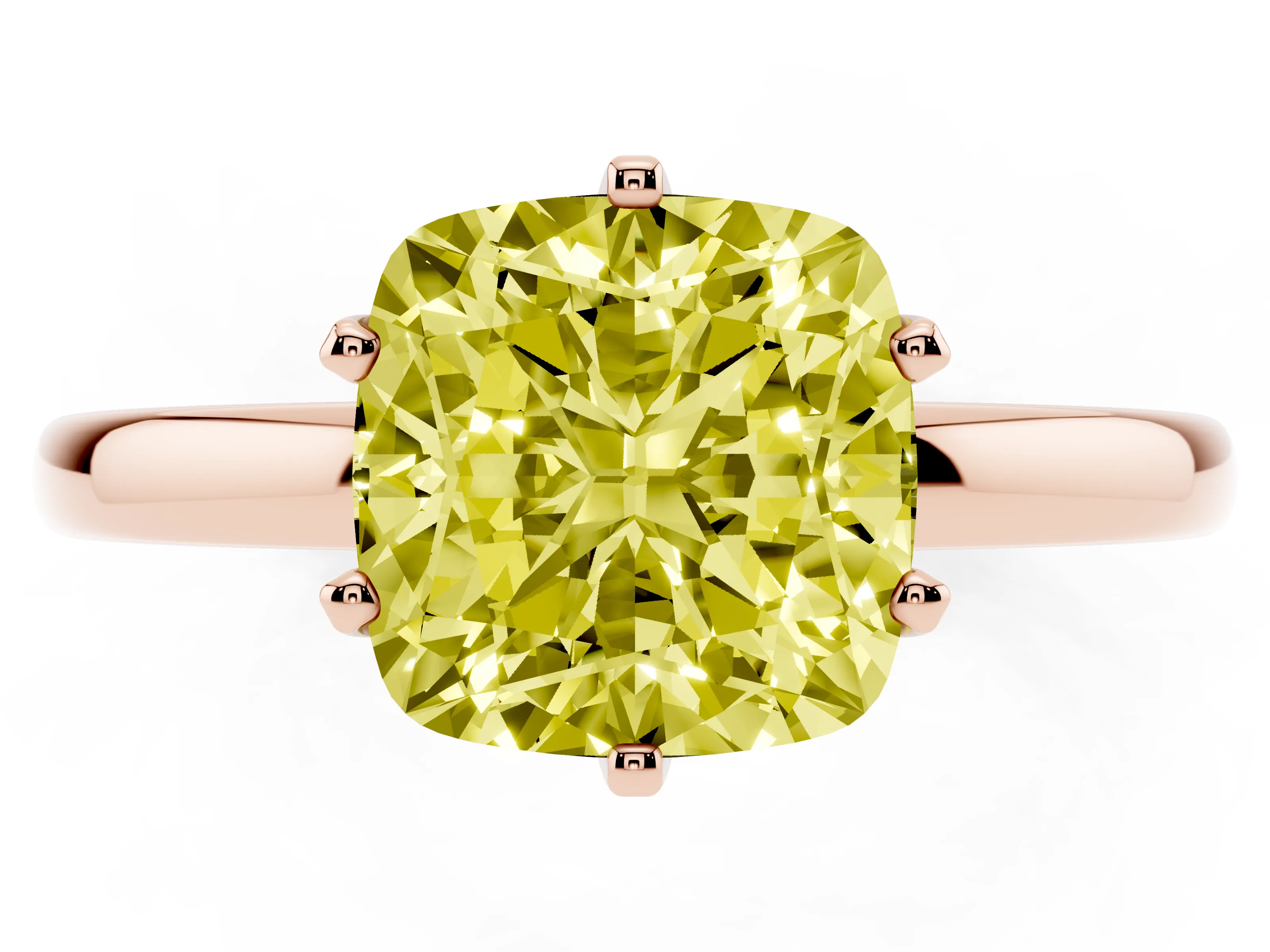 Fancy Yellow Cushion Cut Diamond Solitaire Ring Set in Rose gold with Raised Prong Setting on a Classic Band