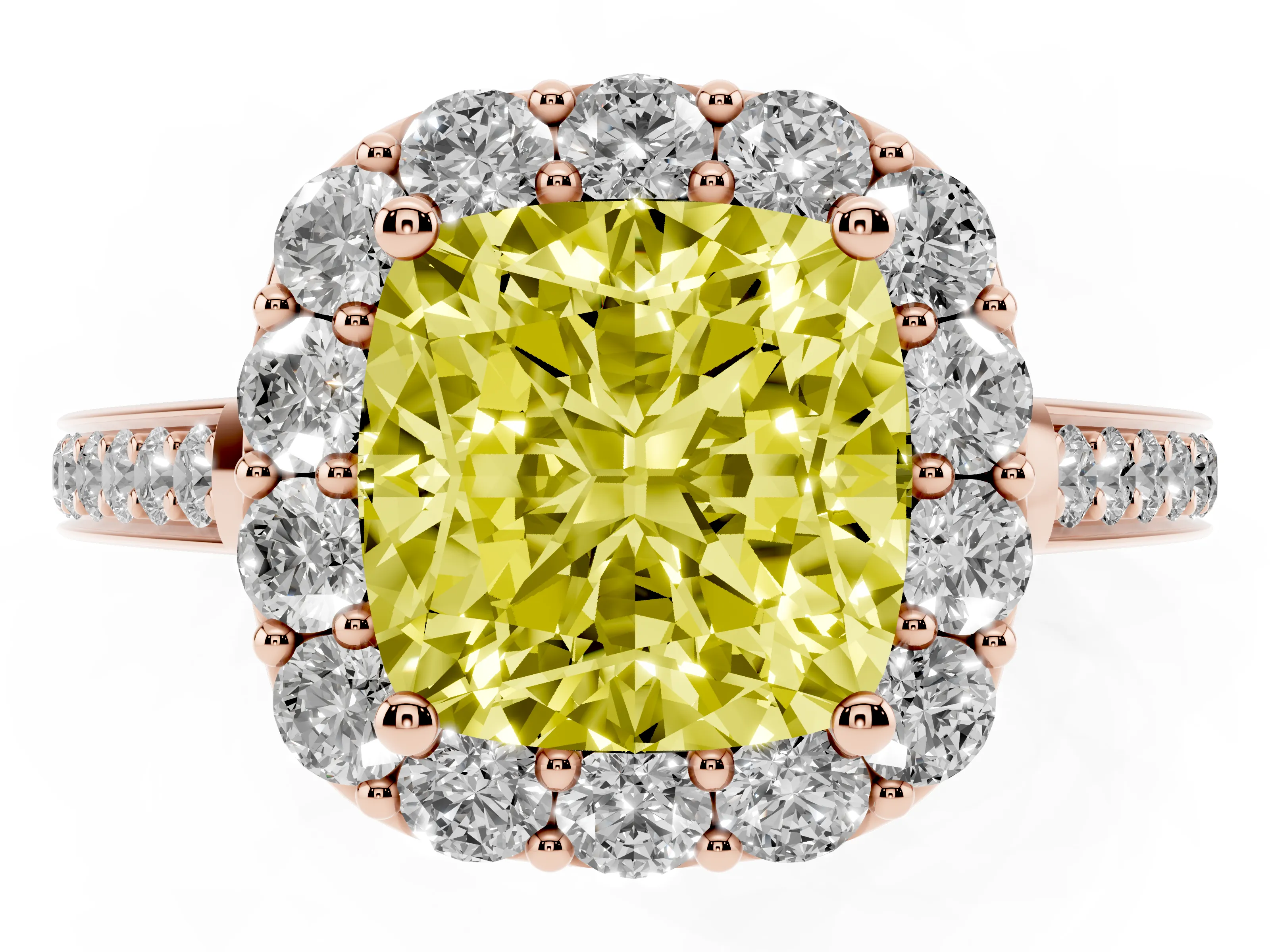 Fancy Yellow Cushion Cut Diamond Floral Halo Ring Set in Rose gold with Pavé Band and Prong Setting