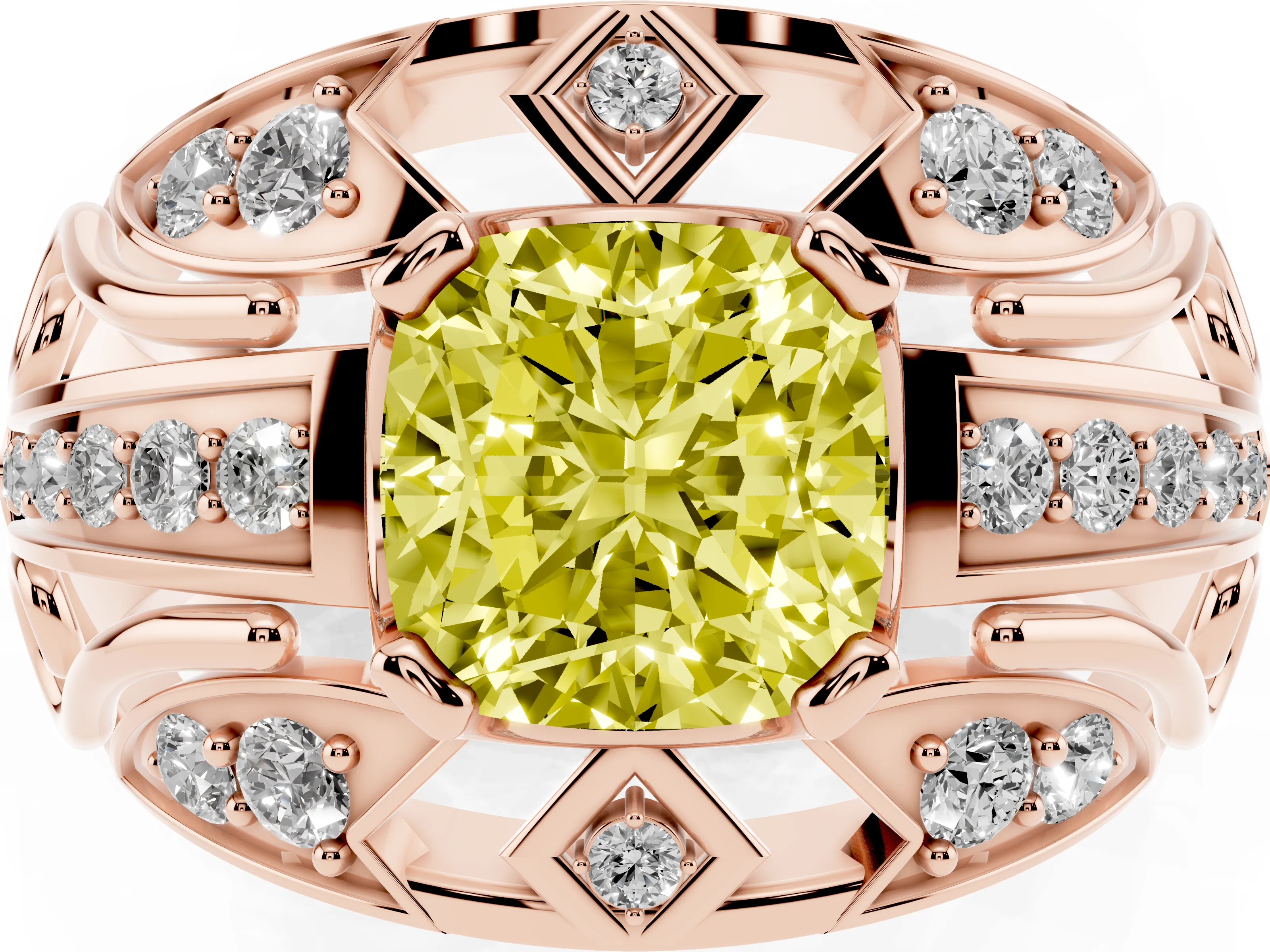 Fancy Yellow Cushion Cut Diamond Art Deco Ring Set in Rose gold with Pavé Split Shank