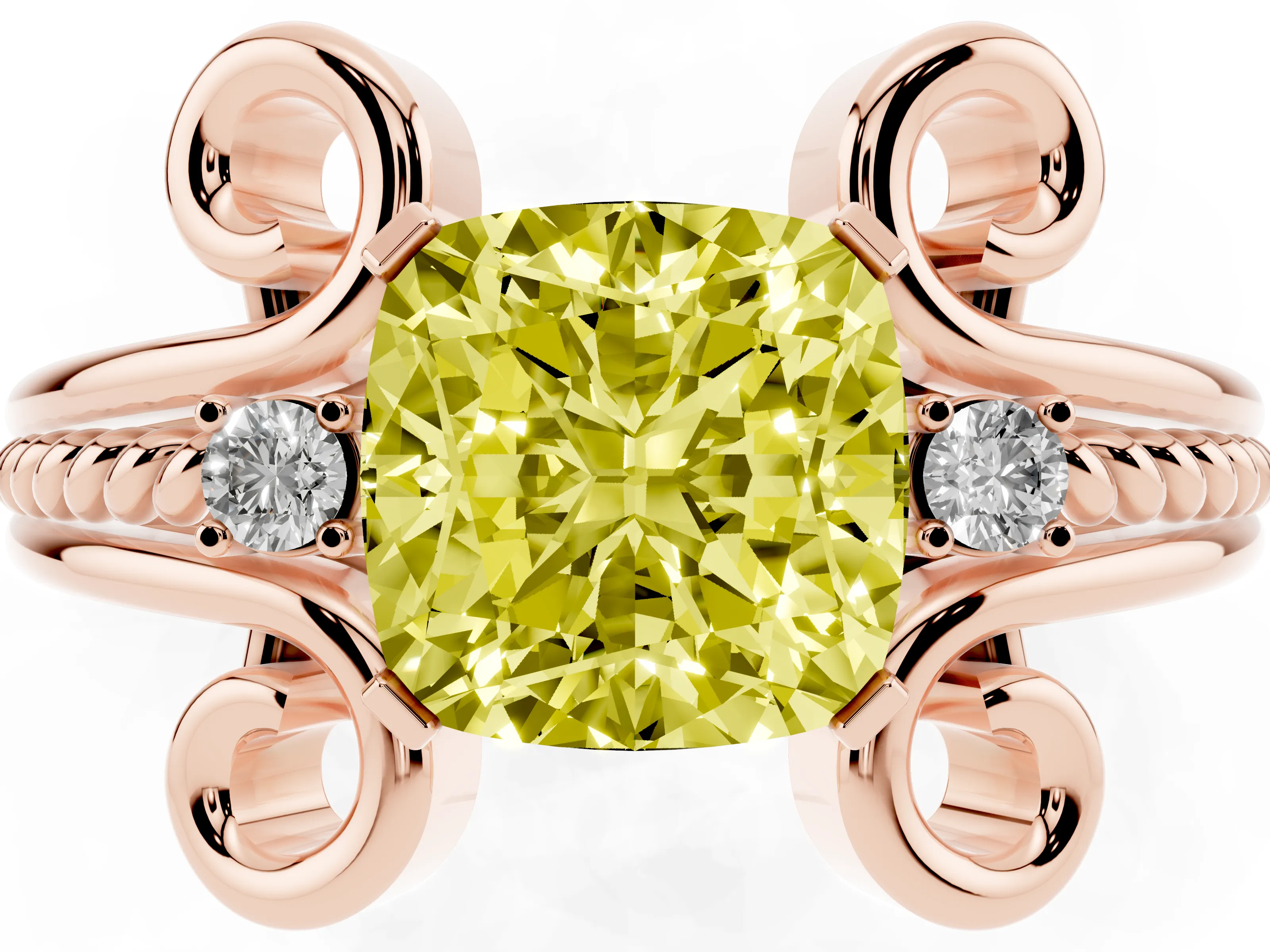 Fancy Yellow Cushion Cut Diamond Twisted Band Solitaire Ring Set in Rose gold with Scroll Prongs
