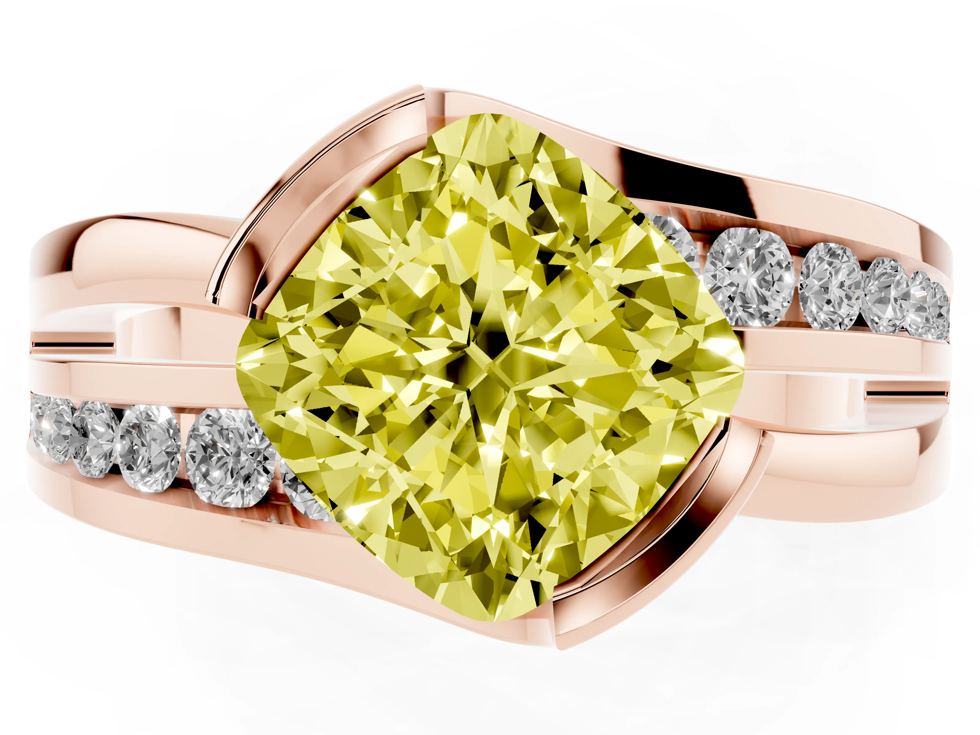 Fancy Yellow Cushion Cut Diamond Solitaire Ring Set in Rose gold with Channel Set Split Shank and Tension Prongs