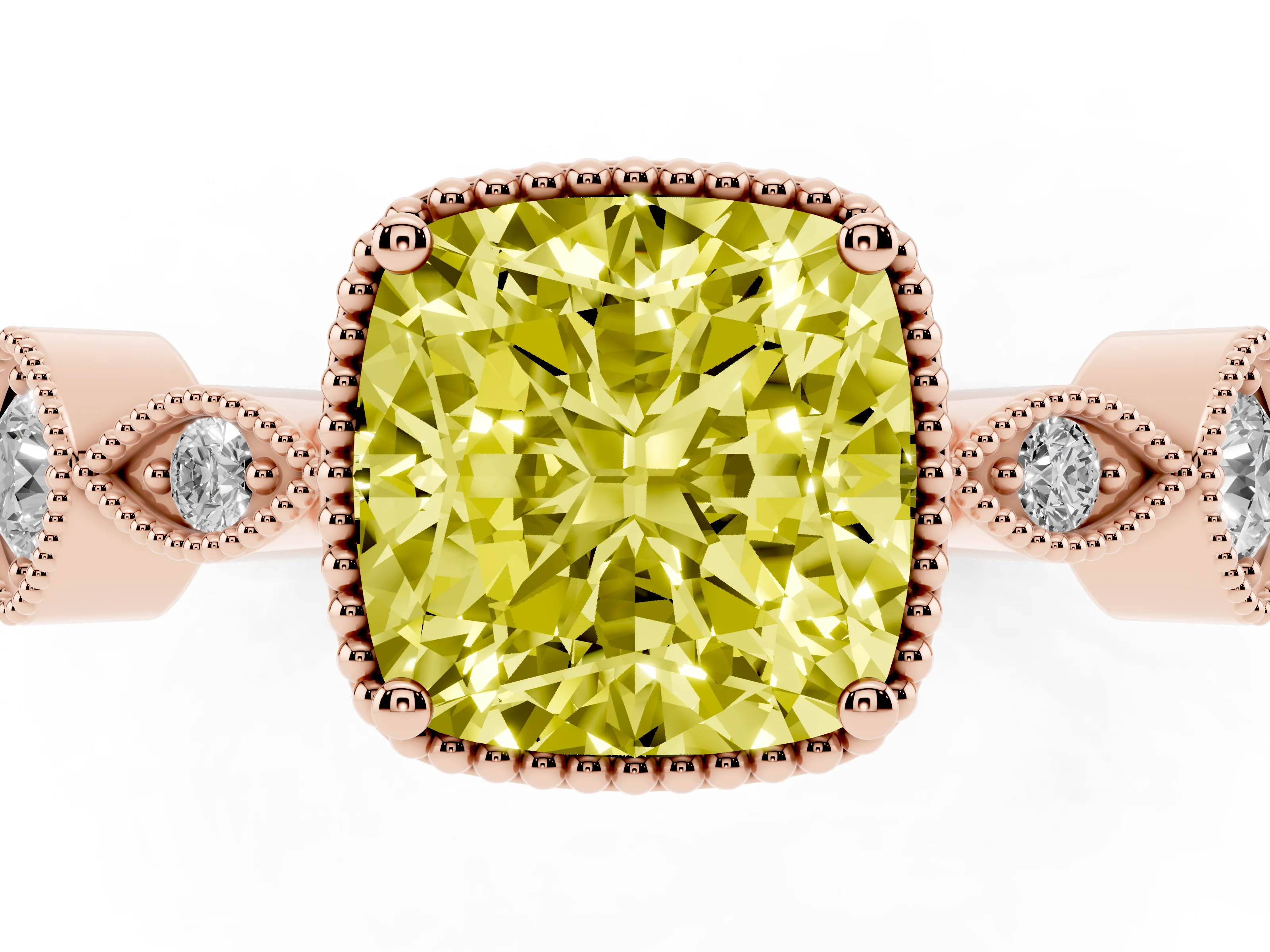 Fancy Yellow Cushion Cut Diamond Vintage-Inspired Milgrain Ring Set in Rose gold with Marquise Stations of Round Accents