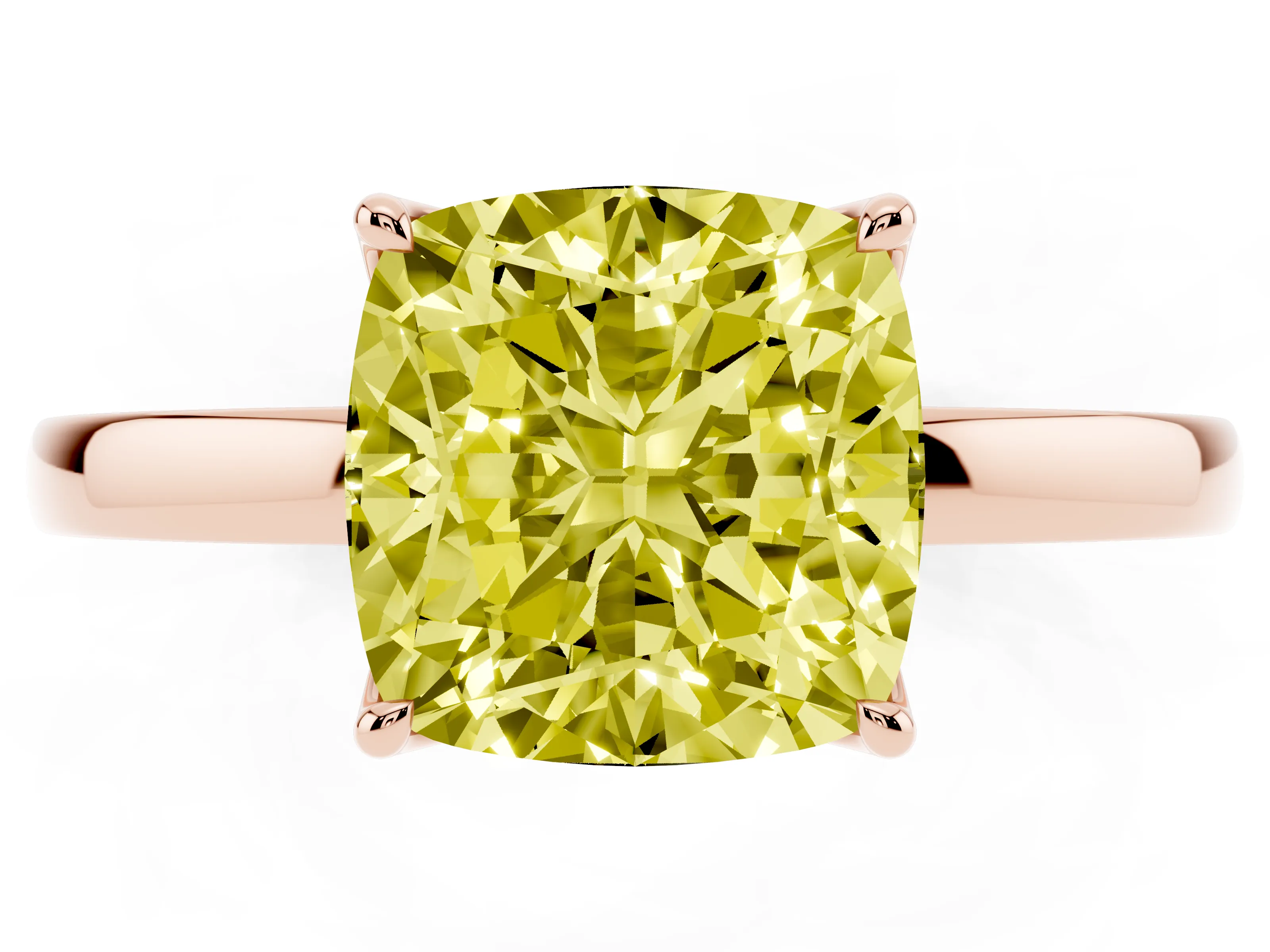 Fancy Yellow Cushion Cut Diamond Solitaire Ring Set in Rose gold with Prong Setting and Thin Polished Band