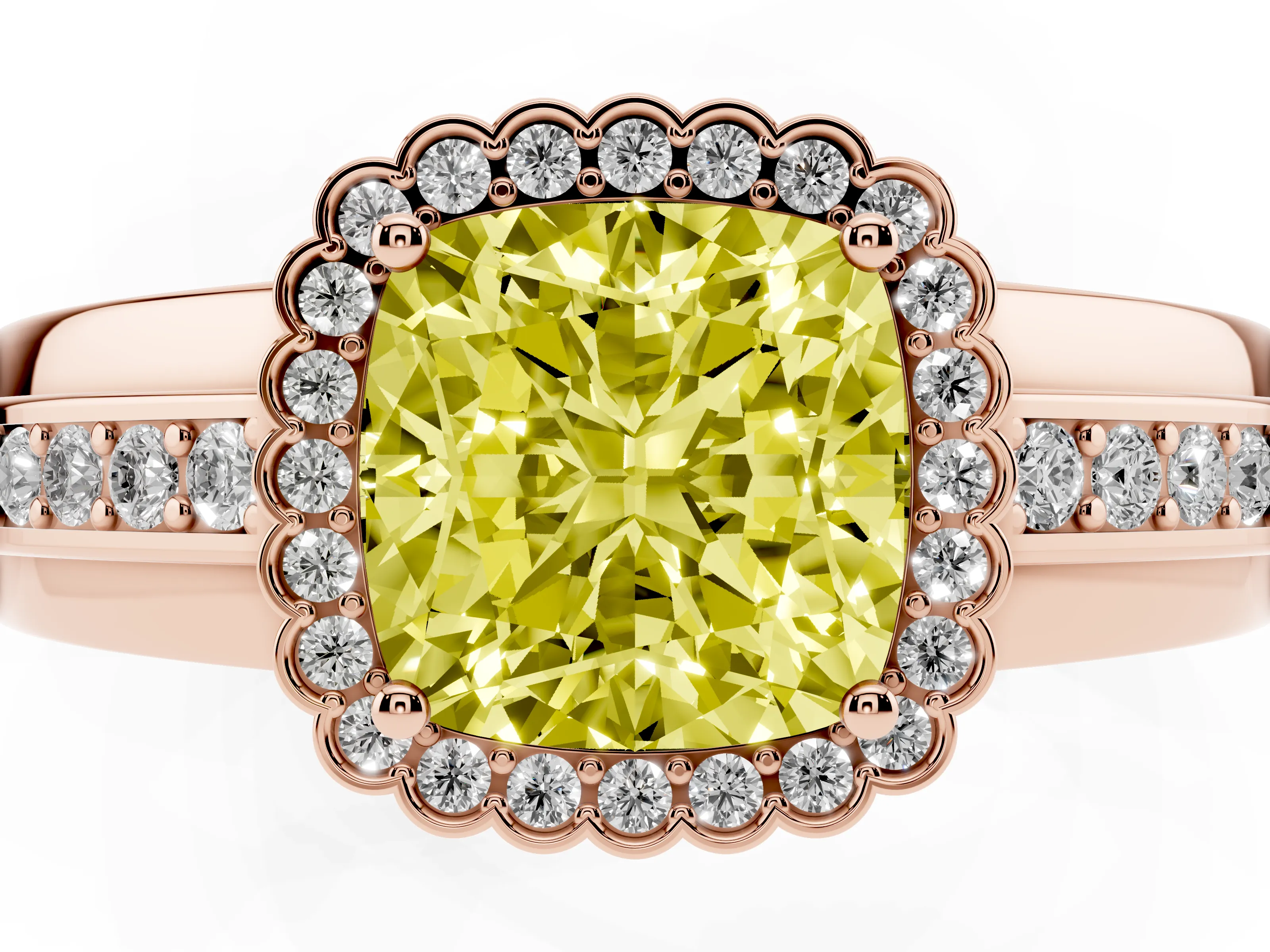 Fancy Yellow Cushion Cut Diamond Halo Prong Ring Set in Rose gold with Pavé Band
