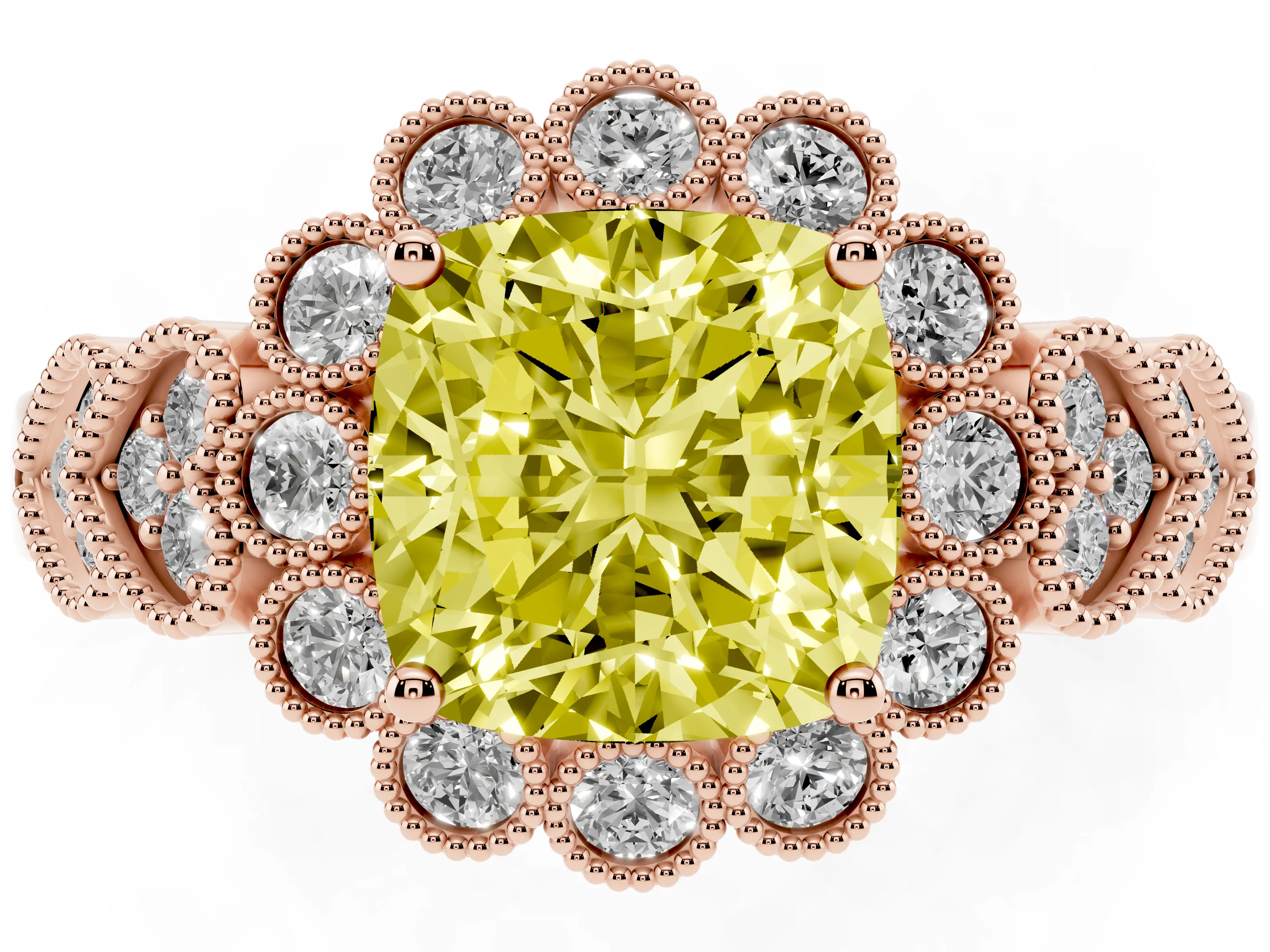 Fancy Yellow Cushion Cut Diamond Solitaire Ring Set in Rose gold with Milgrain Pavé Heart Band
