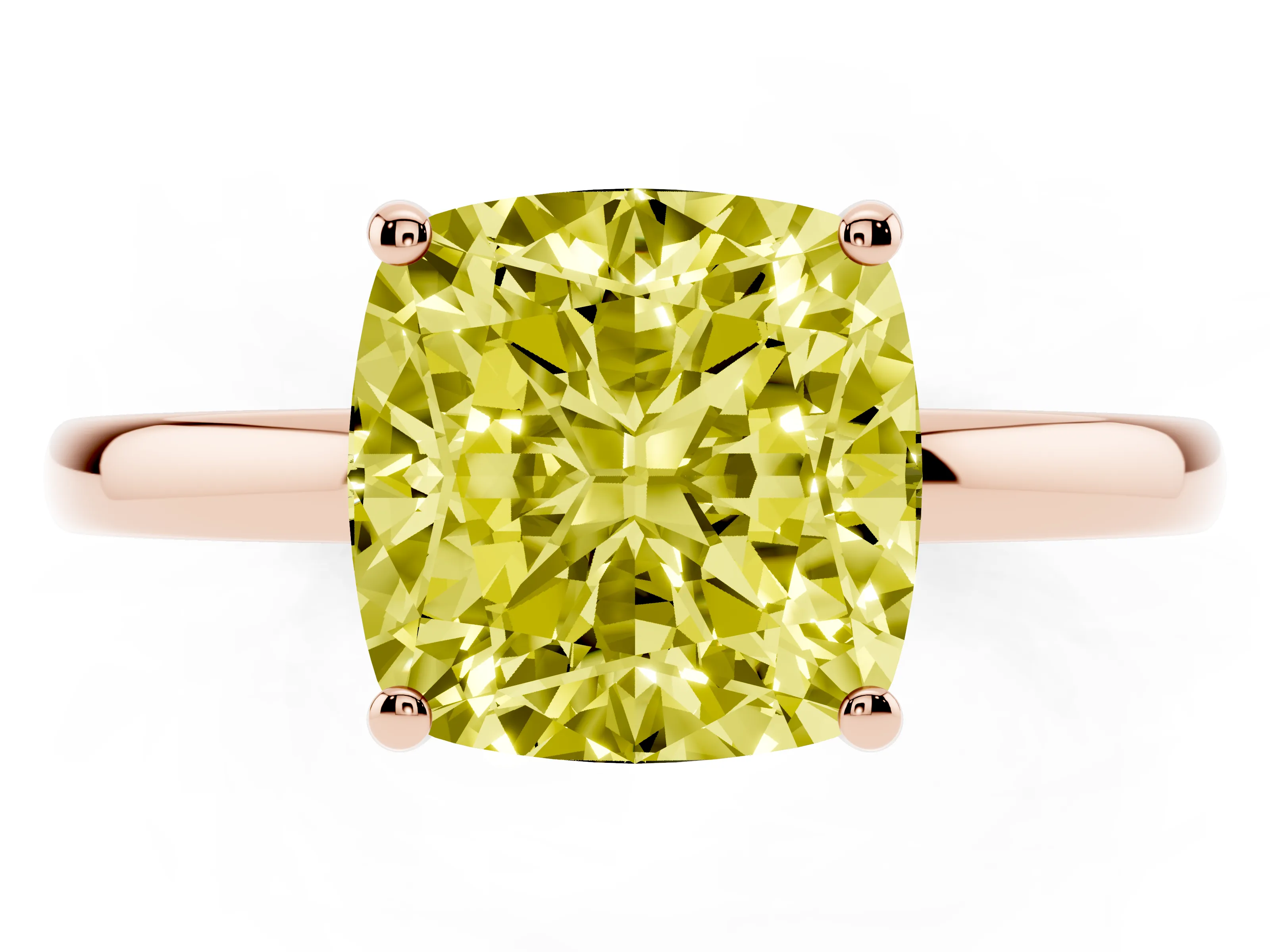 Fancy Yellow Cushion Cut Diamond Solitaire Ring Set in Rose gold with Plain Band and Prong Setting