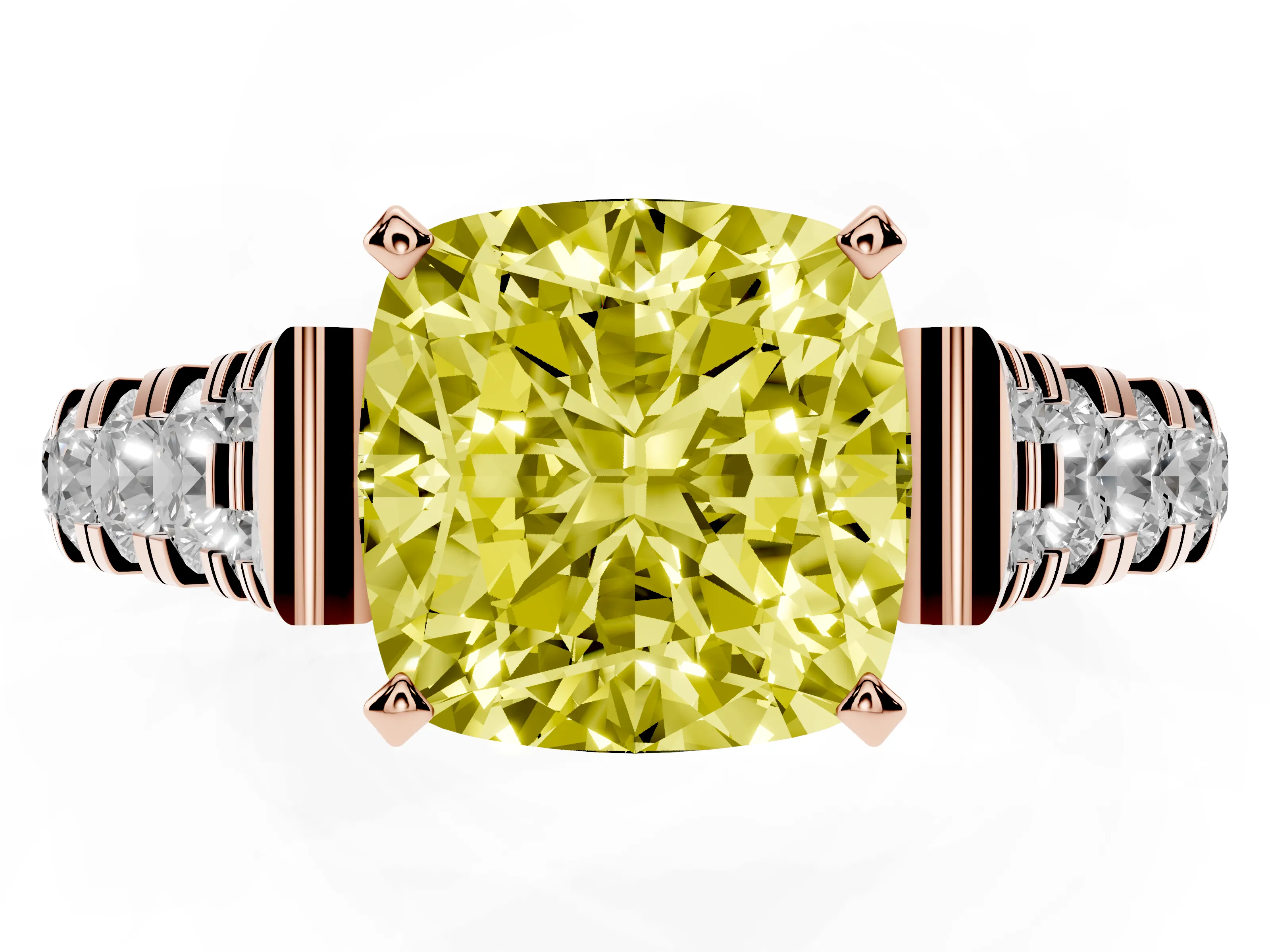 Fancy Yellow Cushion Cut Diamond Classic Solitaire Ring Set in Rose gold with Pavé Band and Prong Setting