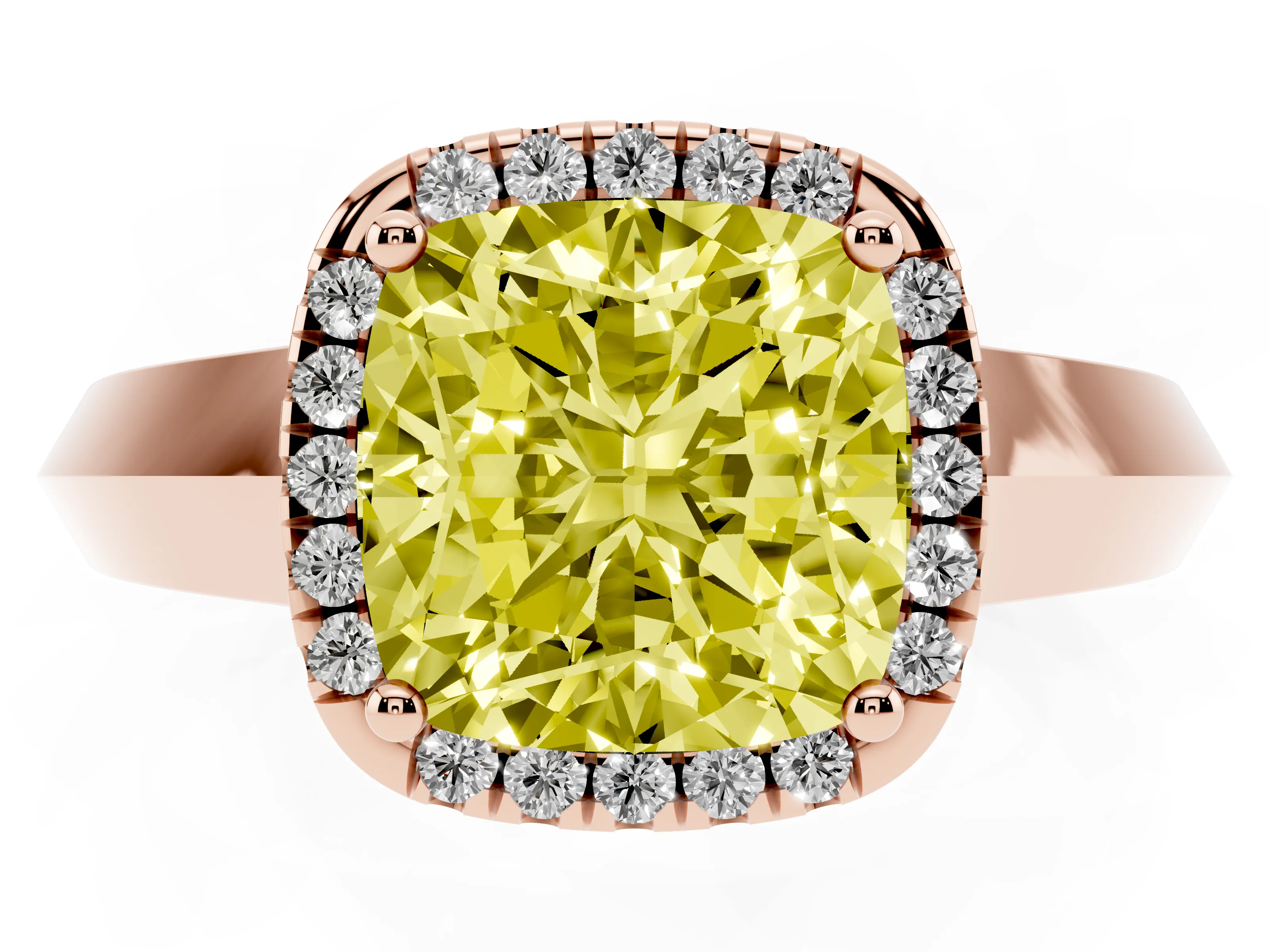 Fancy Yellow Cushion Cut Diamond Halo Ring Set in Rose gold with Cathedral Band and Prong Setting