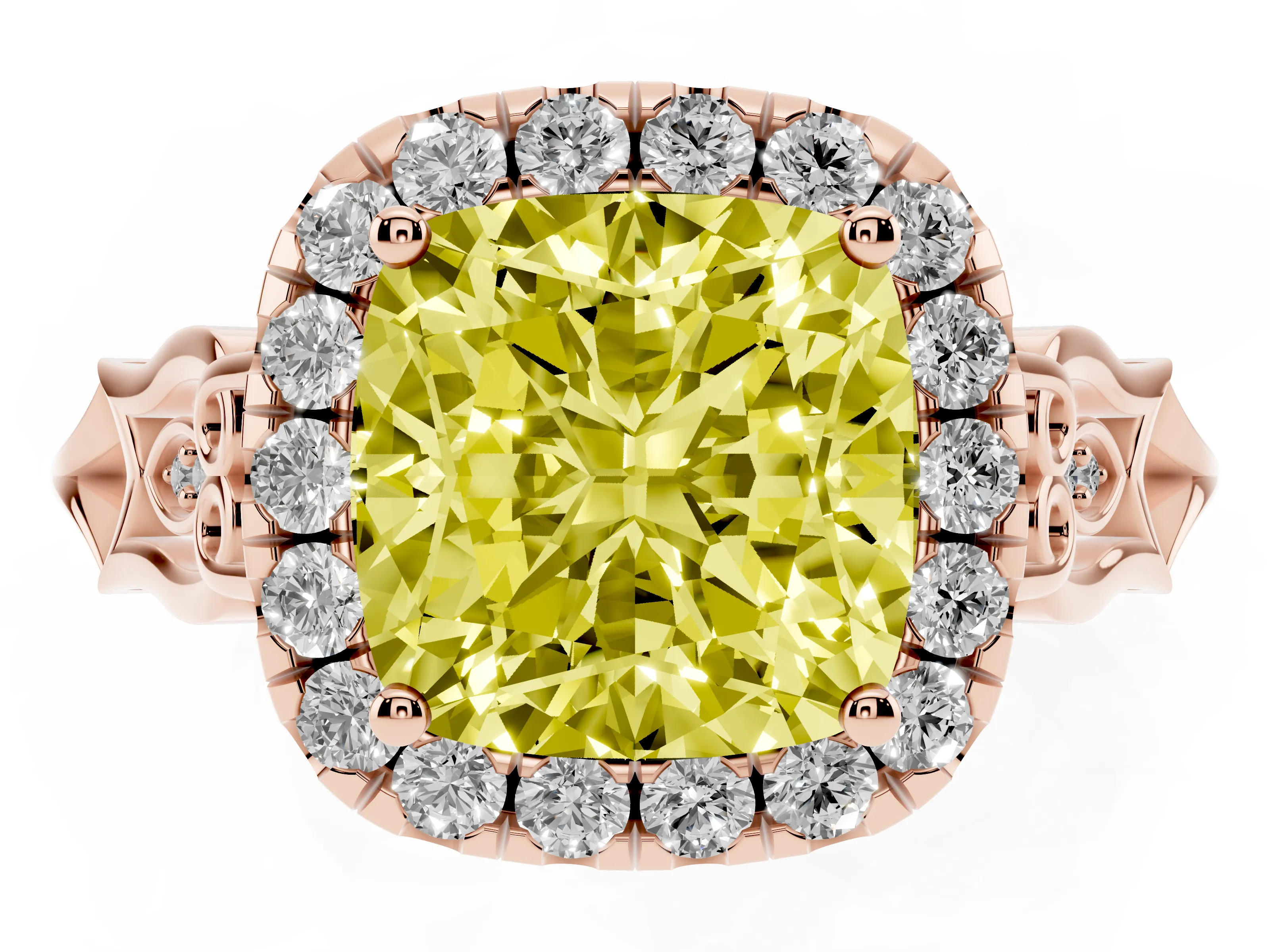 Fancy Yellow Cushion Cut Diamond Halo Engagement Ring Set in Rose gold with Filigree Band and Prong-Set Center