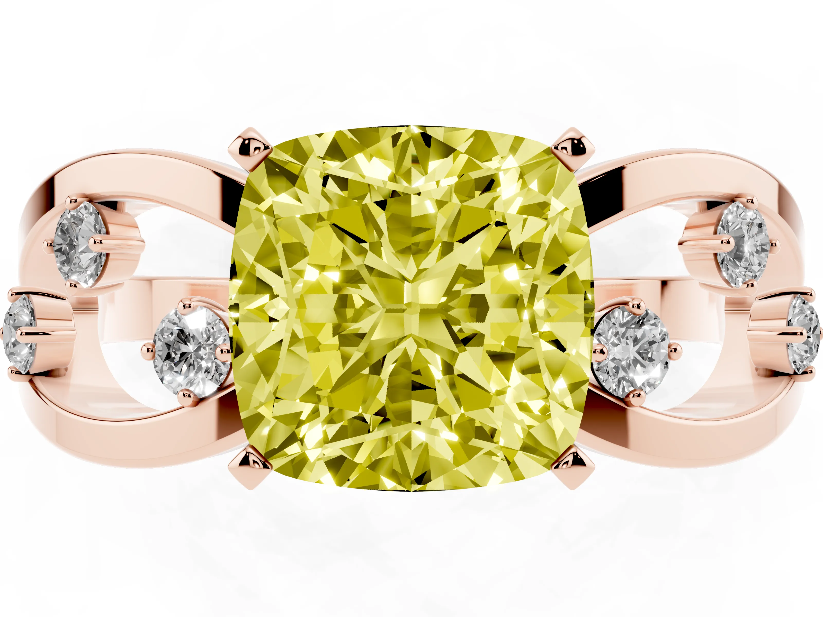 Fancy Yellow Cushion Cut Diamond Solitaire Ring Set in Rose gold with Side Stones on Criss-Cross Band and Prong Setting