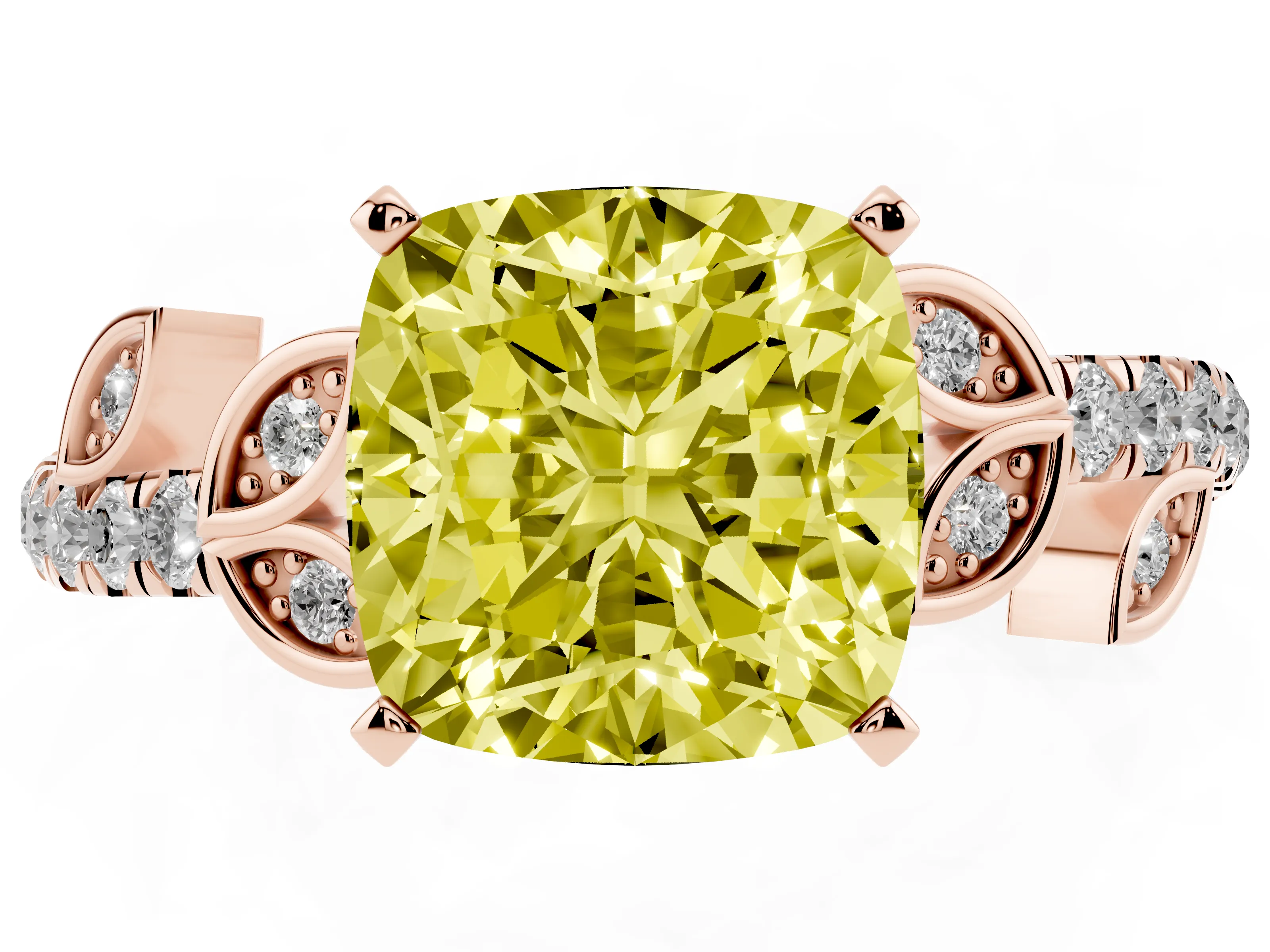 Fancy Yellow Cushion Cut Diamond Solitaire Leaf-Inspired Ring Set in Rose gold with Pavé Band and Prong Setting