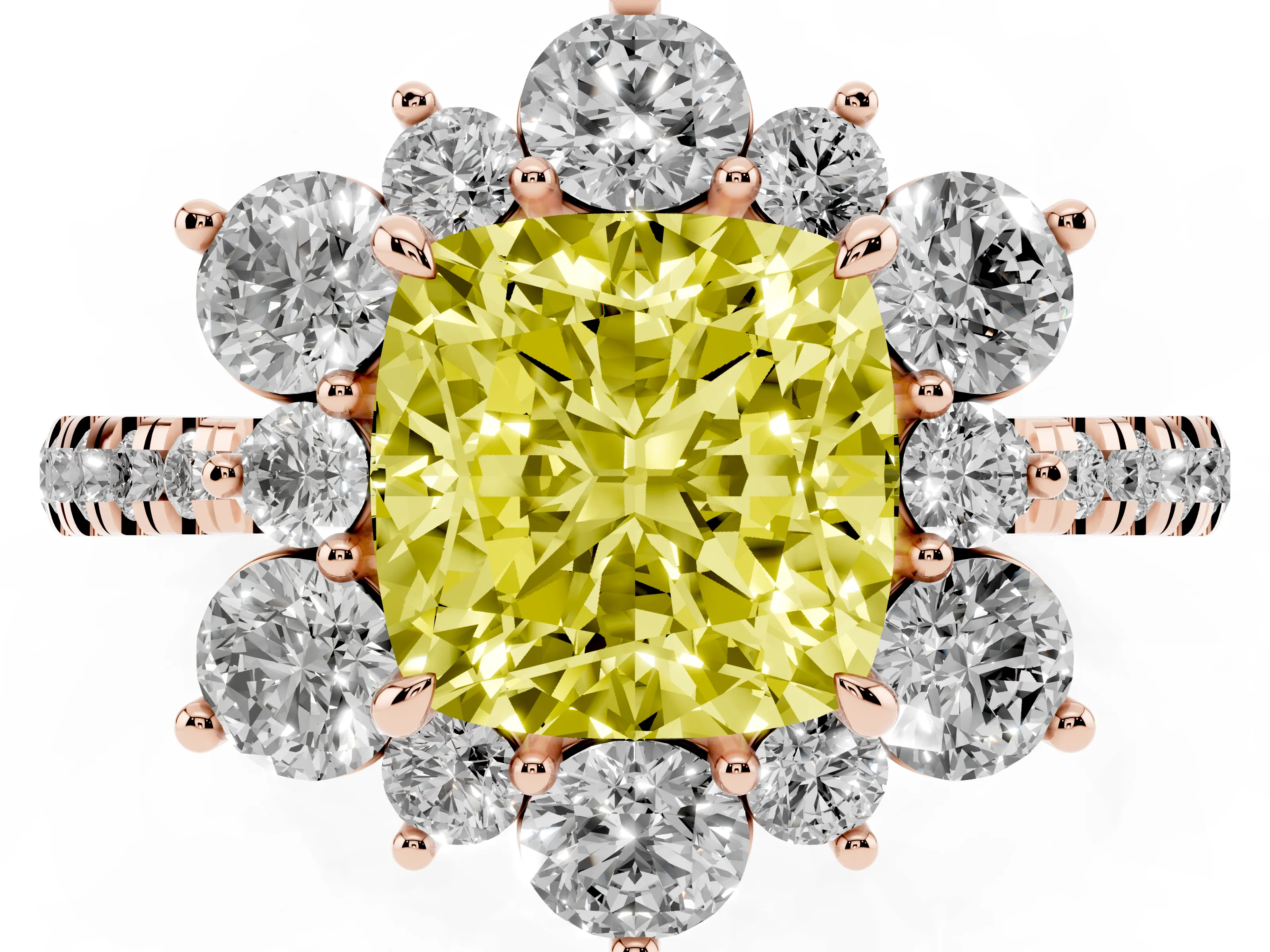 Fancy Yellow Cushion Cut Diamond Floral Halo Ring Set in Rose gold with Round Pavé Band and Prong Setting