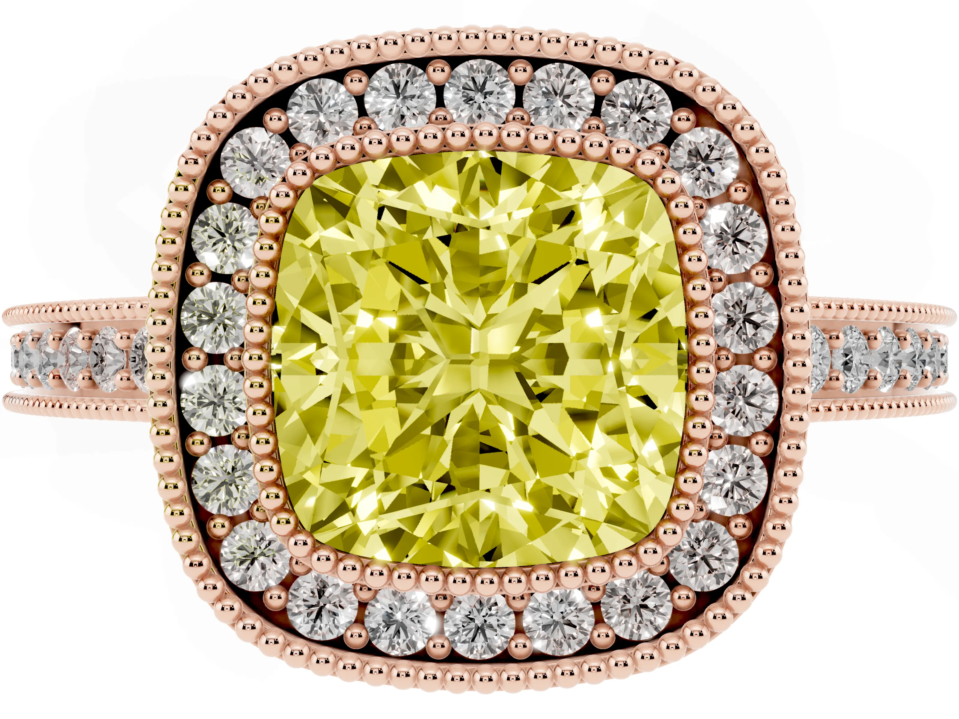 Fancy Yellow Cushion Cut Diamond Round Halo Ring Set in Rose gold with Pavé Band