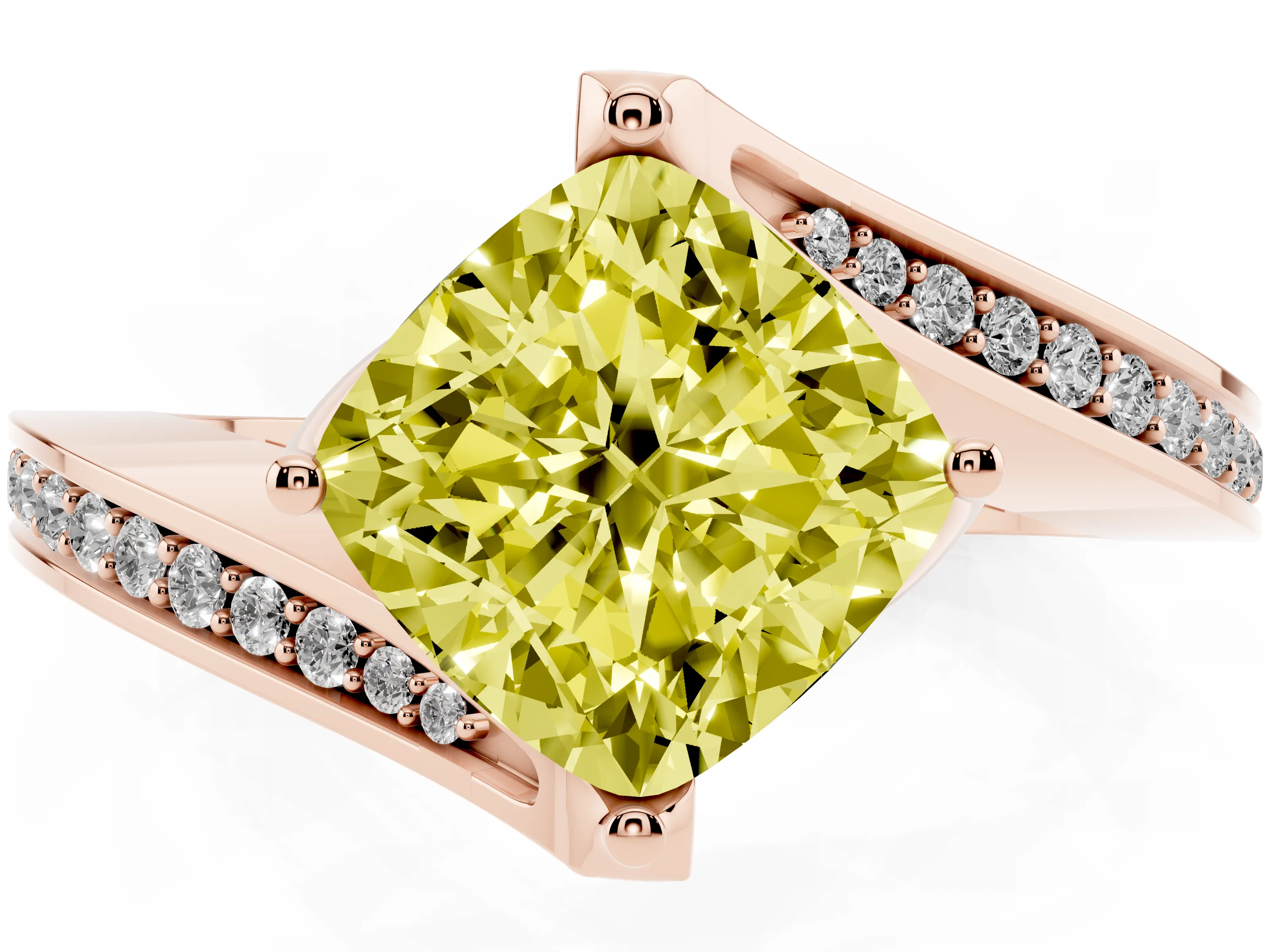Fancy Yellow Cushion Cut Diamond Solitaire Ring Set in Rose gold with Intertwined Pavé Twist Band