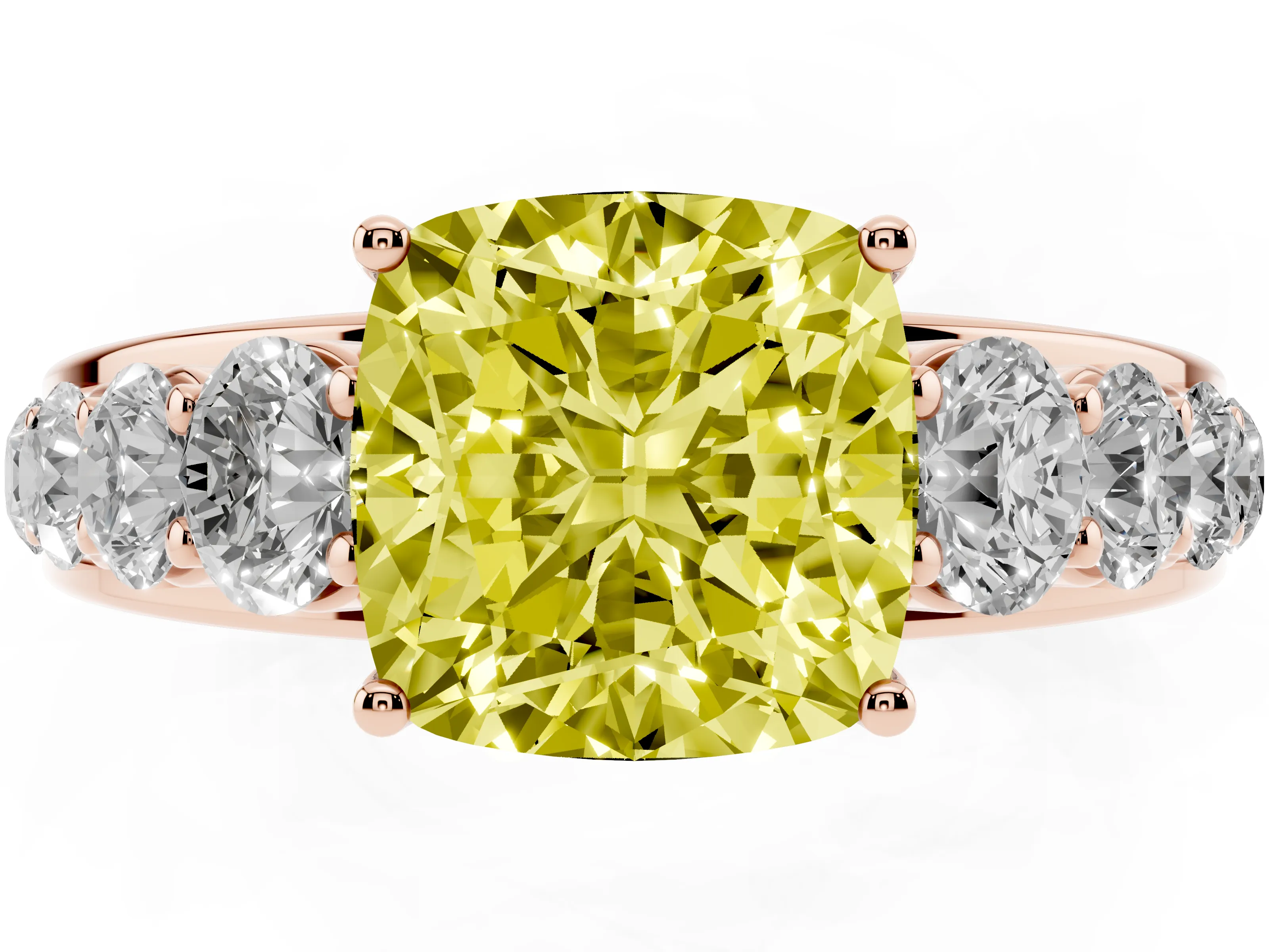 Fancy Yellow Cushion Cut Diamond Solitaire Ring Set in Rose gold with Pavé-Set Band and Prong Setting