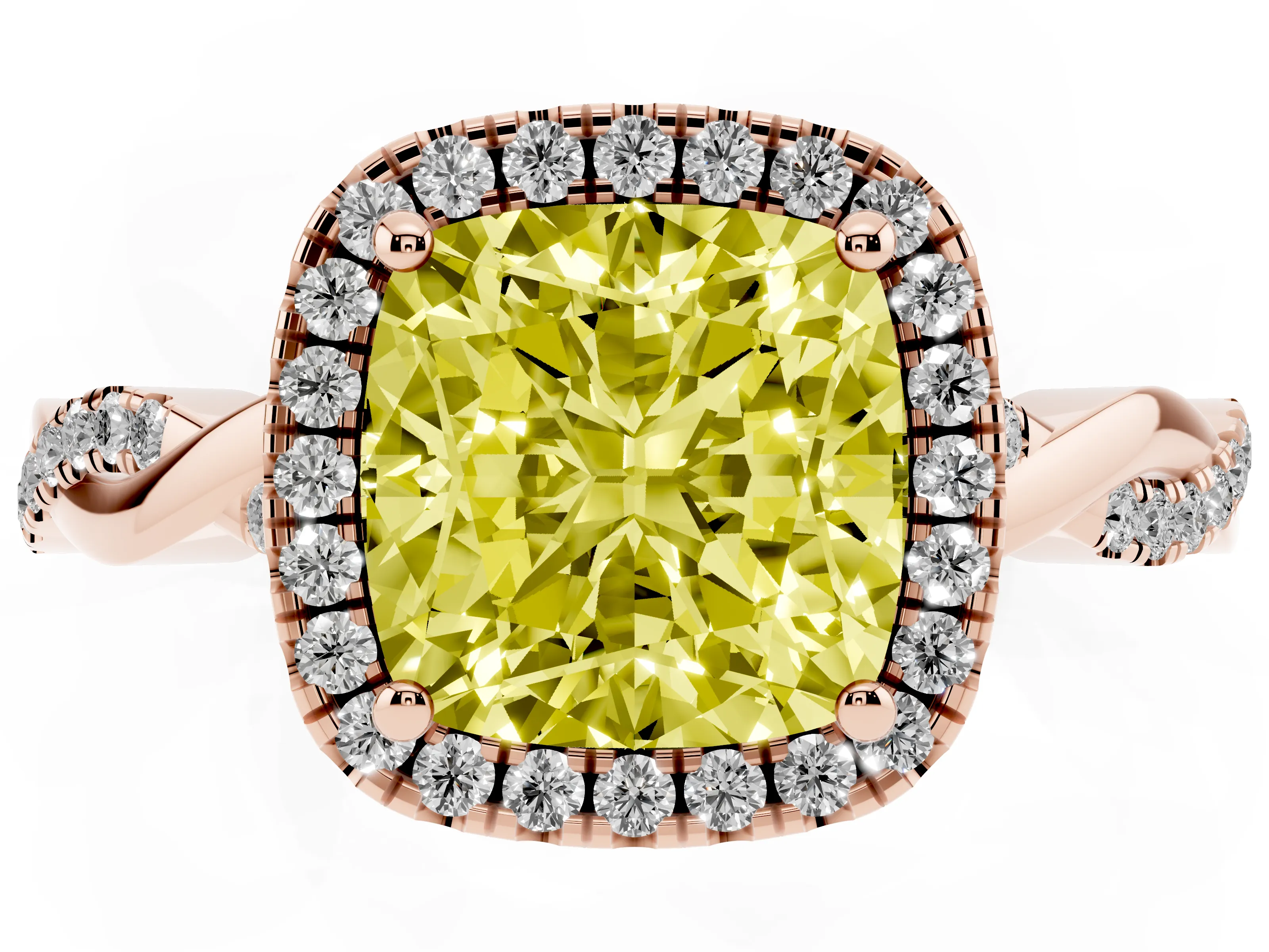 Fancy Yellow Cushion Cut Diamond Halo Twisted Band Ring Set in Rose gold with Prong Setting