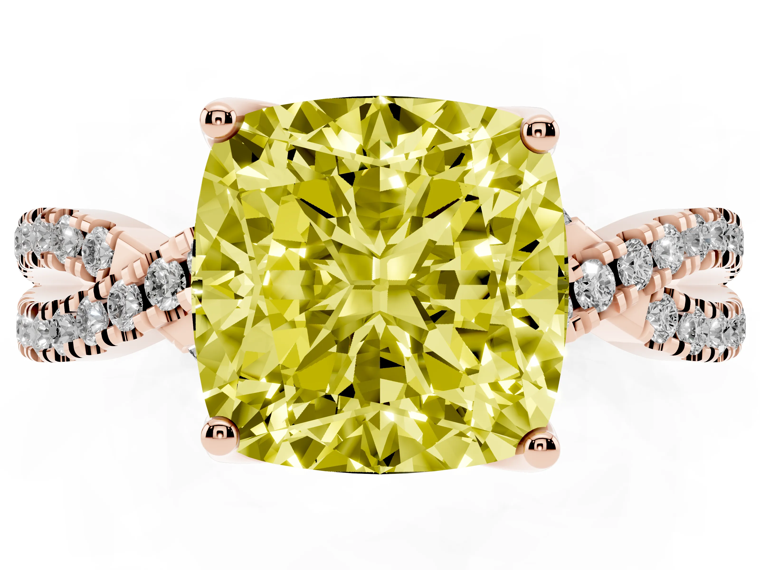Fancy Yellow Cushion Cut Diamond Twist Pavé Solitaire Engagement Ring Set in Rose gold with Prong Setting