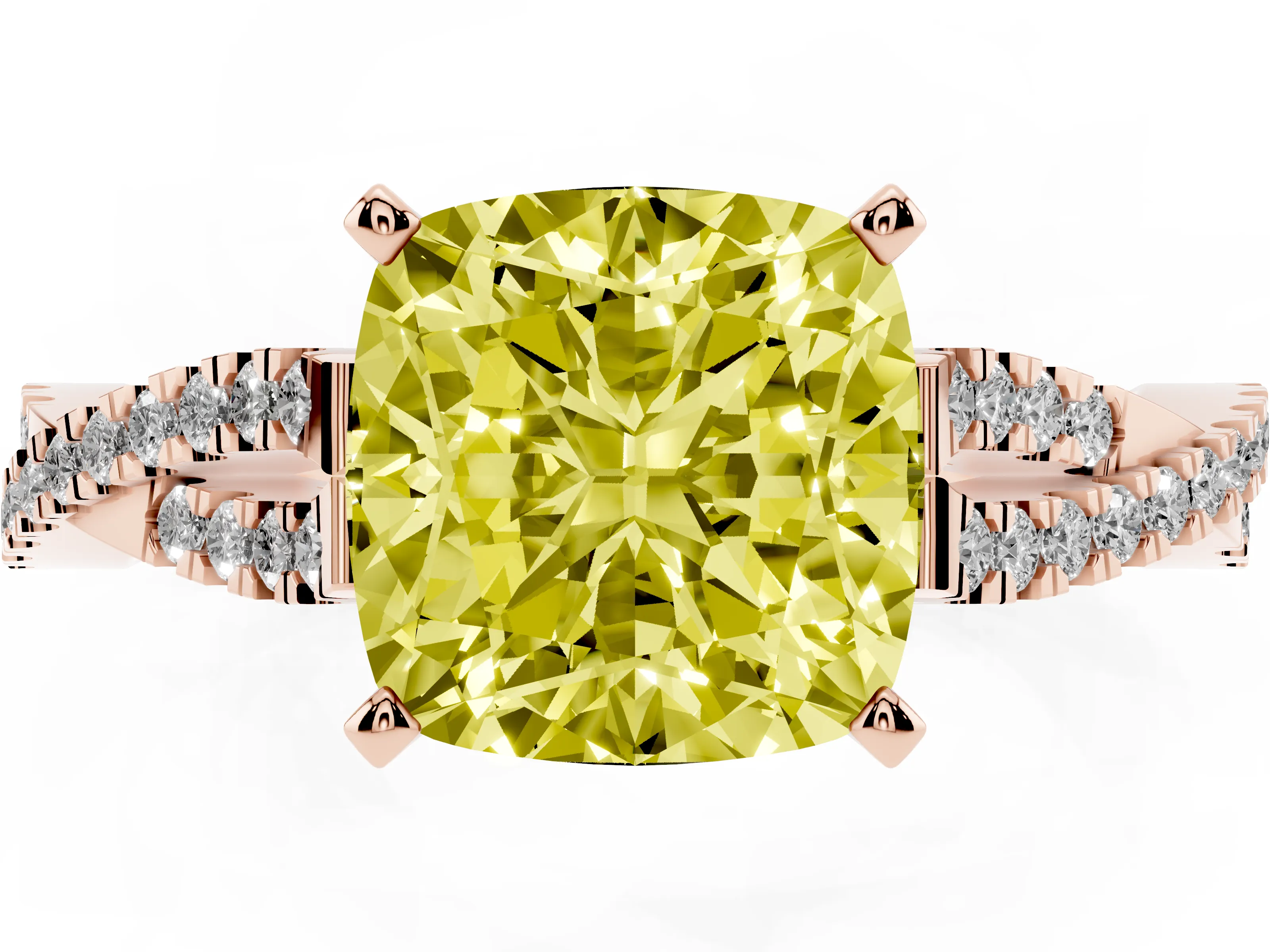 Fancy Yellow Cushion Cut Diamond Solitaire Engagement Ring Set in Rose gold with Twisted Pavé Band and Prong Setting