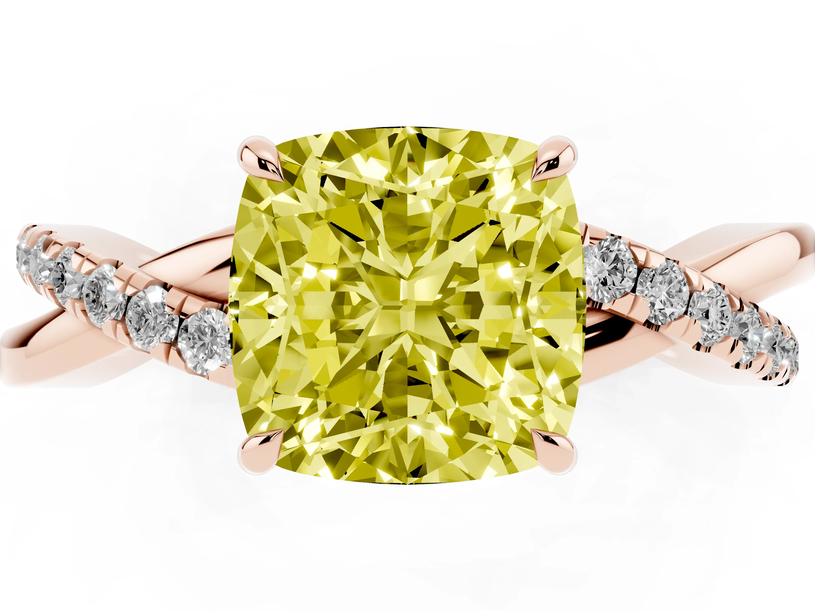Fancy Yellow Cushion Cut Diamond Twisted Pavé Band Ring Set in Rose gold with Prong Setting