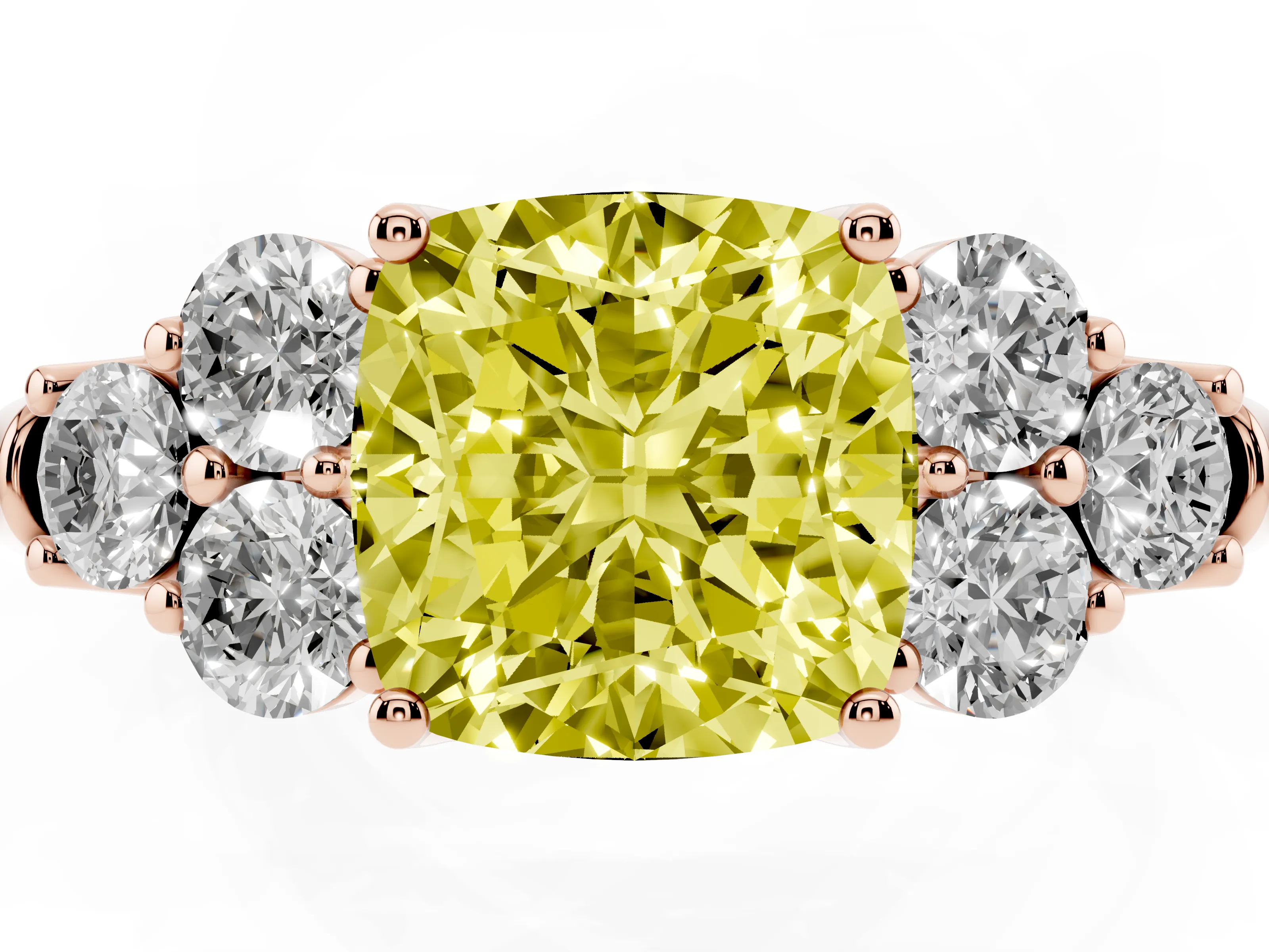 Fancy Yellow Cushion Cut Diamond Cluster Ring Set in Rose gold with Round Accent Stones and Prong Setting on a Plain Band