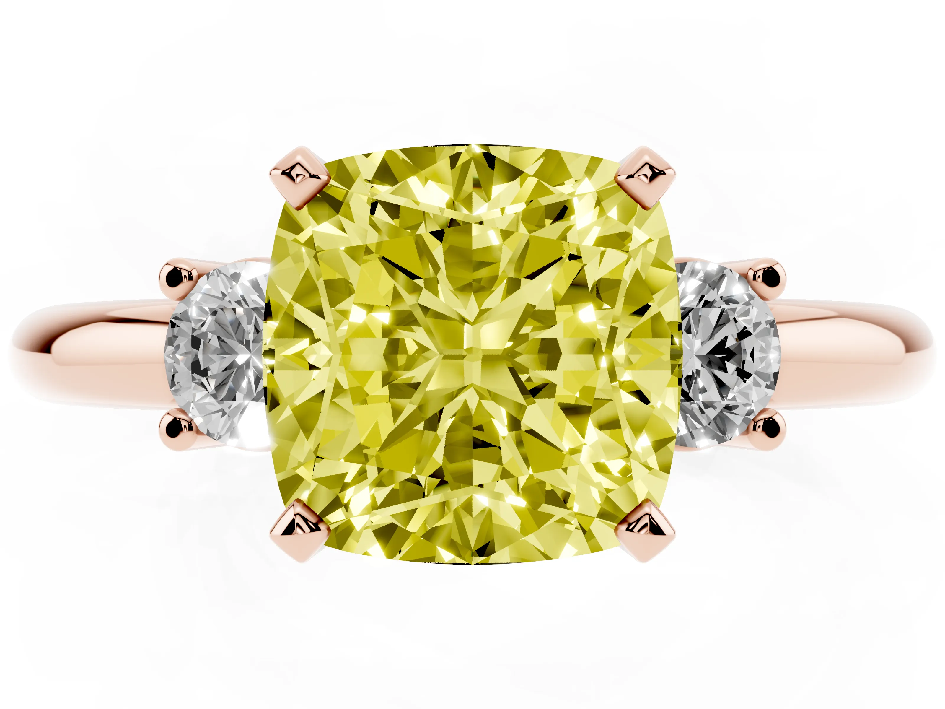 Fancy Yellow Three-Stone Cushion Cut Diamond Ring Set in Rose gold with Prong Setting and Plain Band