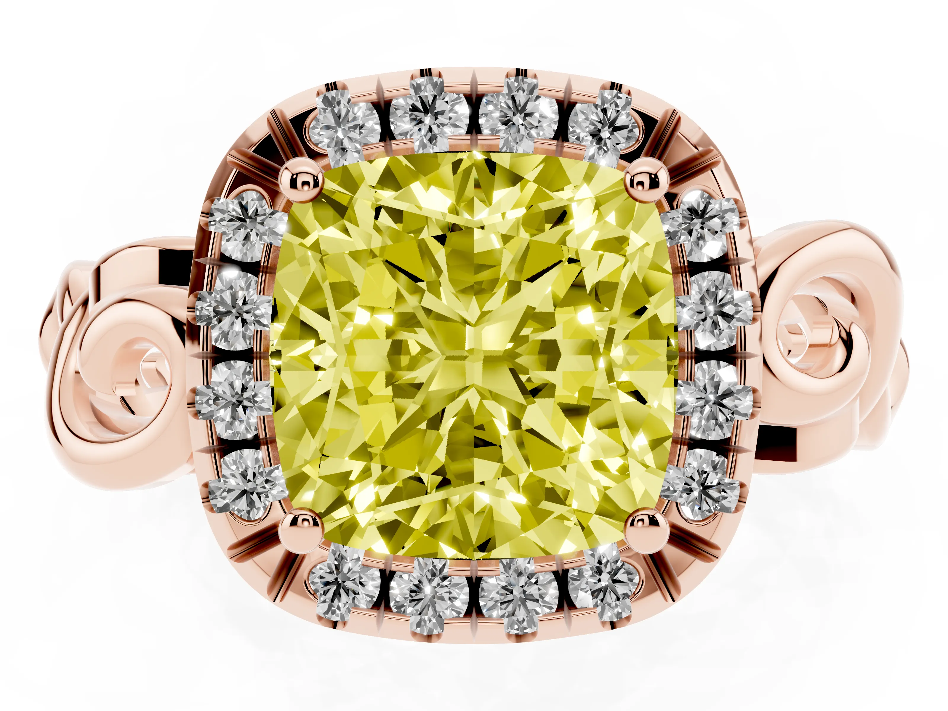 Fancy Yellow Cushion Cut Diamond Halo Ring Set in Rose gold with Scrollwork Band and Prong Setting