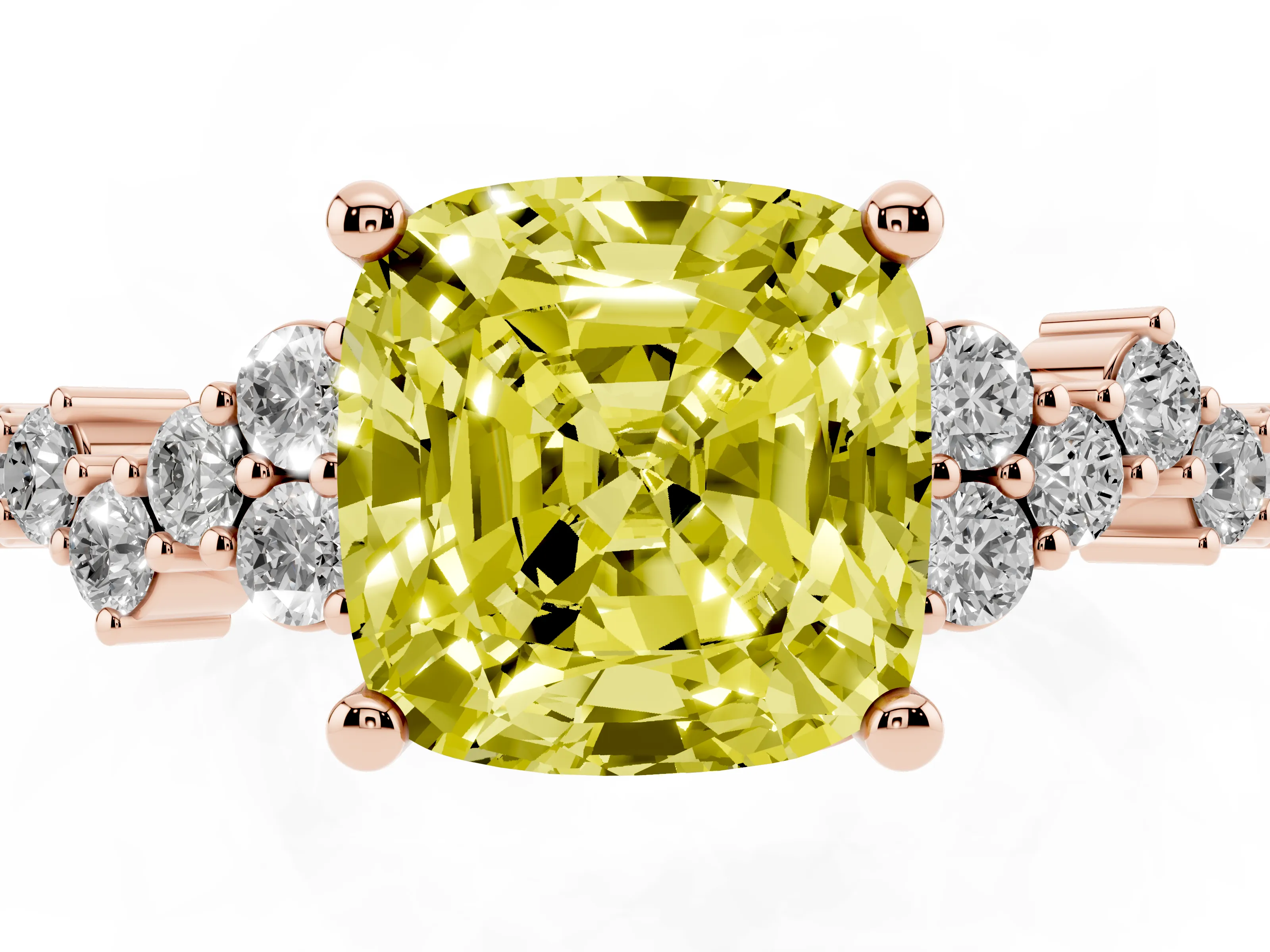 Fancy Yellow Cushion Cut Diamond Ring Set in Rose gold with Scattered Round Accents