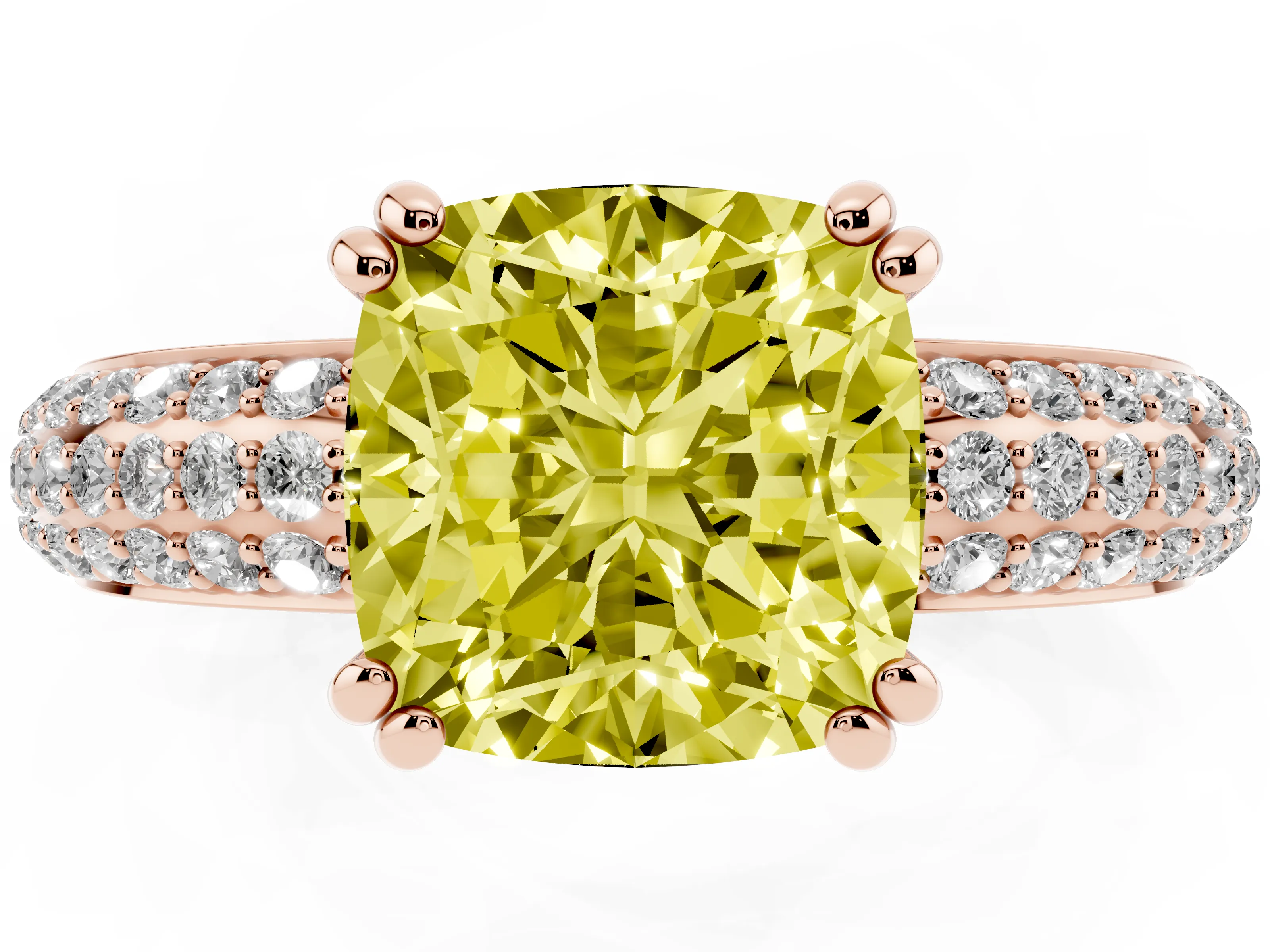 Fancy Yellow Cushion Cut Diamond Solitaire Ring Set in Rose gold with Multi-Row Round Pavé Band and Prong Setting