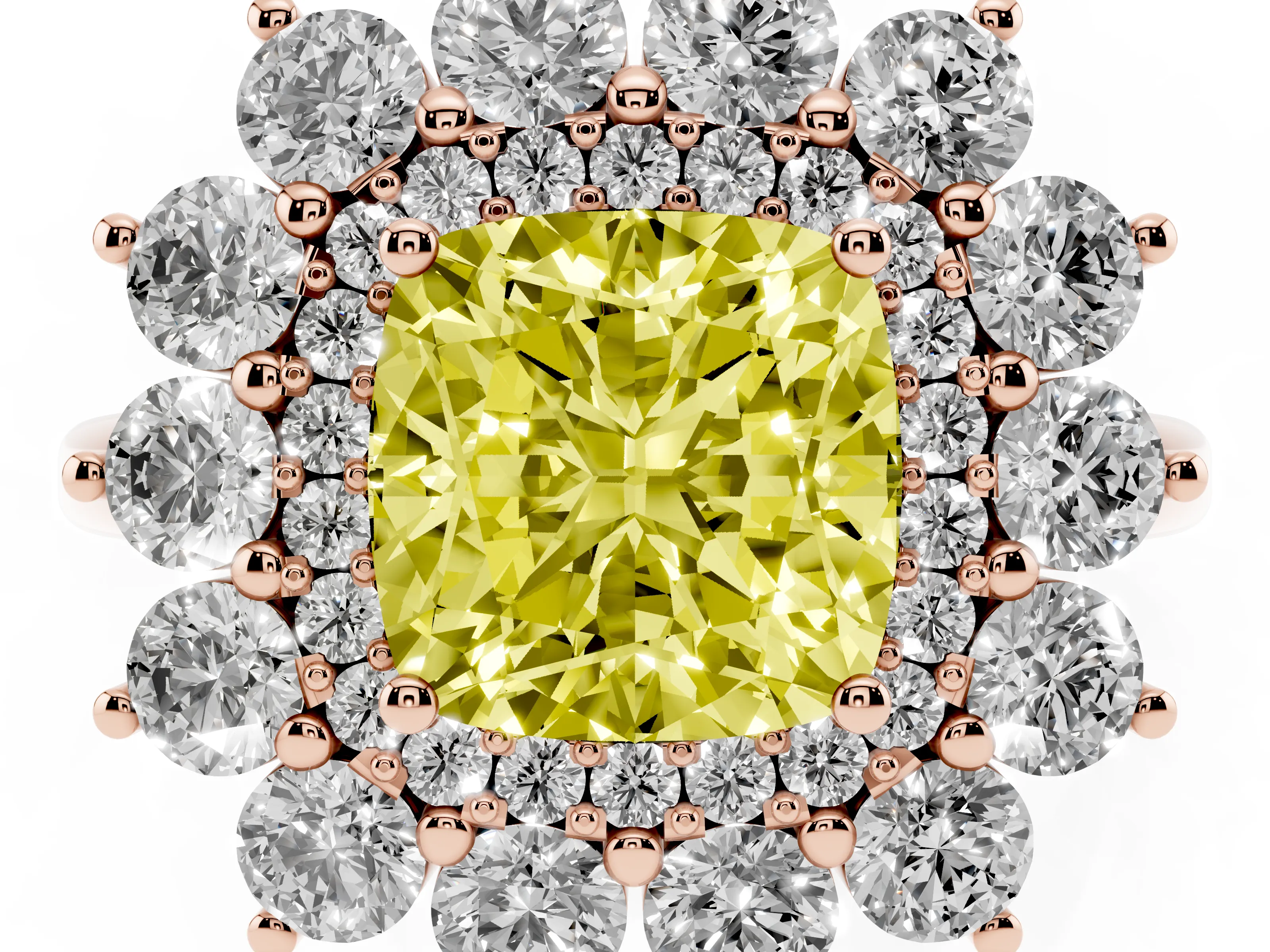 Fancy Yellow Cushion Cut Diamond Floral Double Halo Ring Set in Rose gold with Round Petals