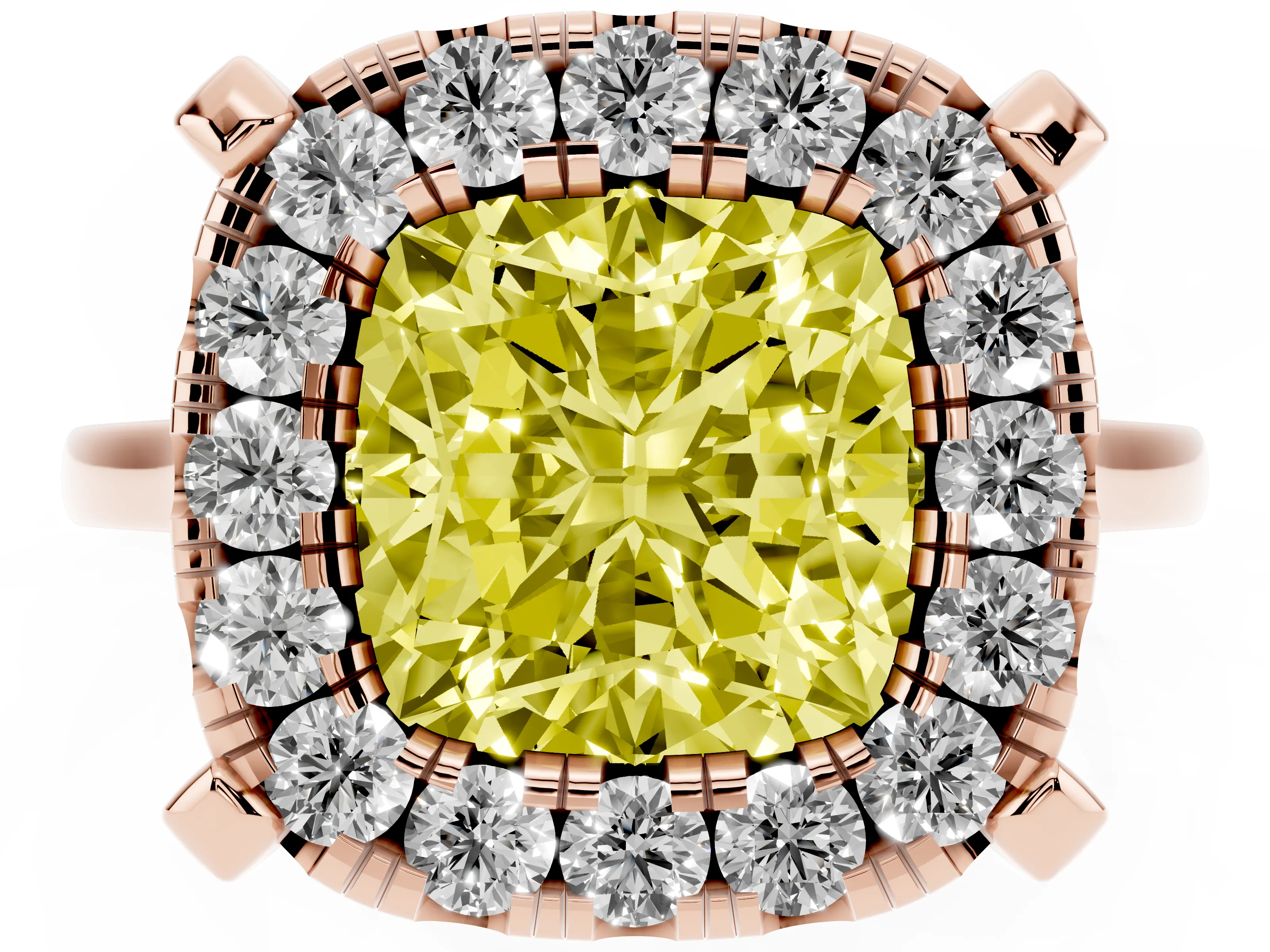 Fancy Yellow Cushion Cut Diamond Cluster Halo Solitaire Ring Set in Rose gold with Prong Setting