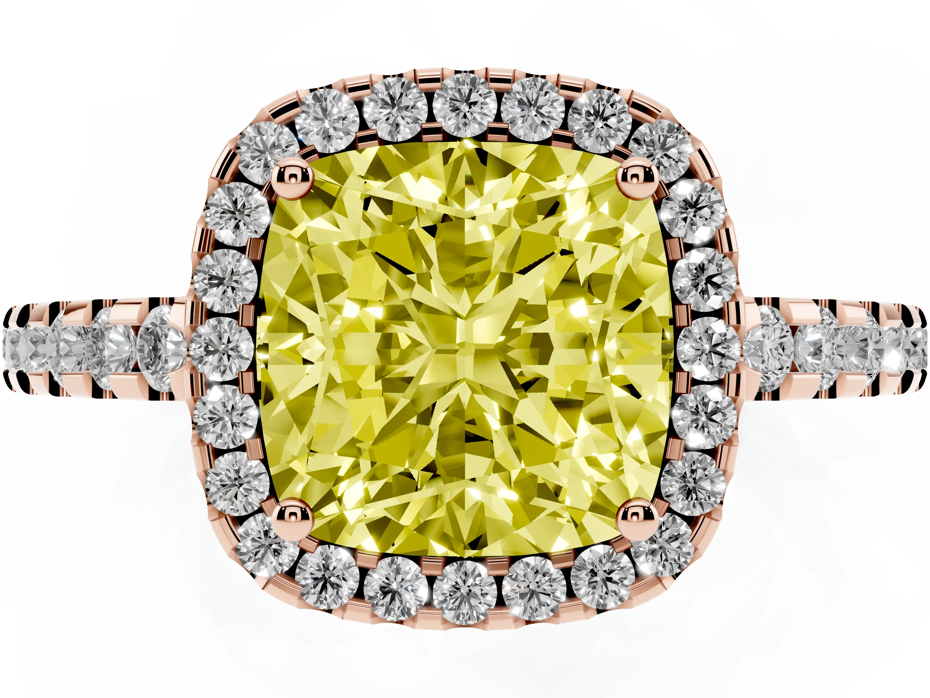 Fancy Yellow Cushion Cut Diamond Halo Ring Set in Rose gold with Pavé Shoulders and Halo-Framed Center