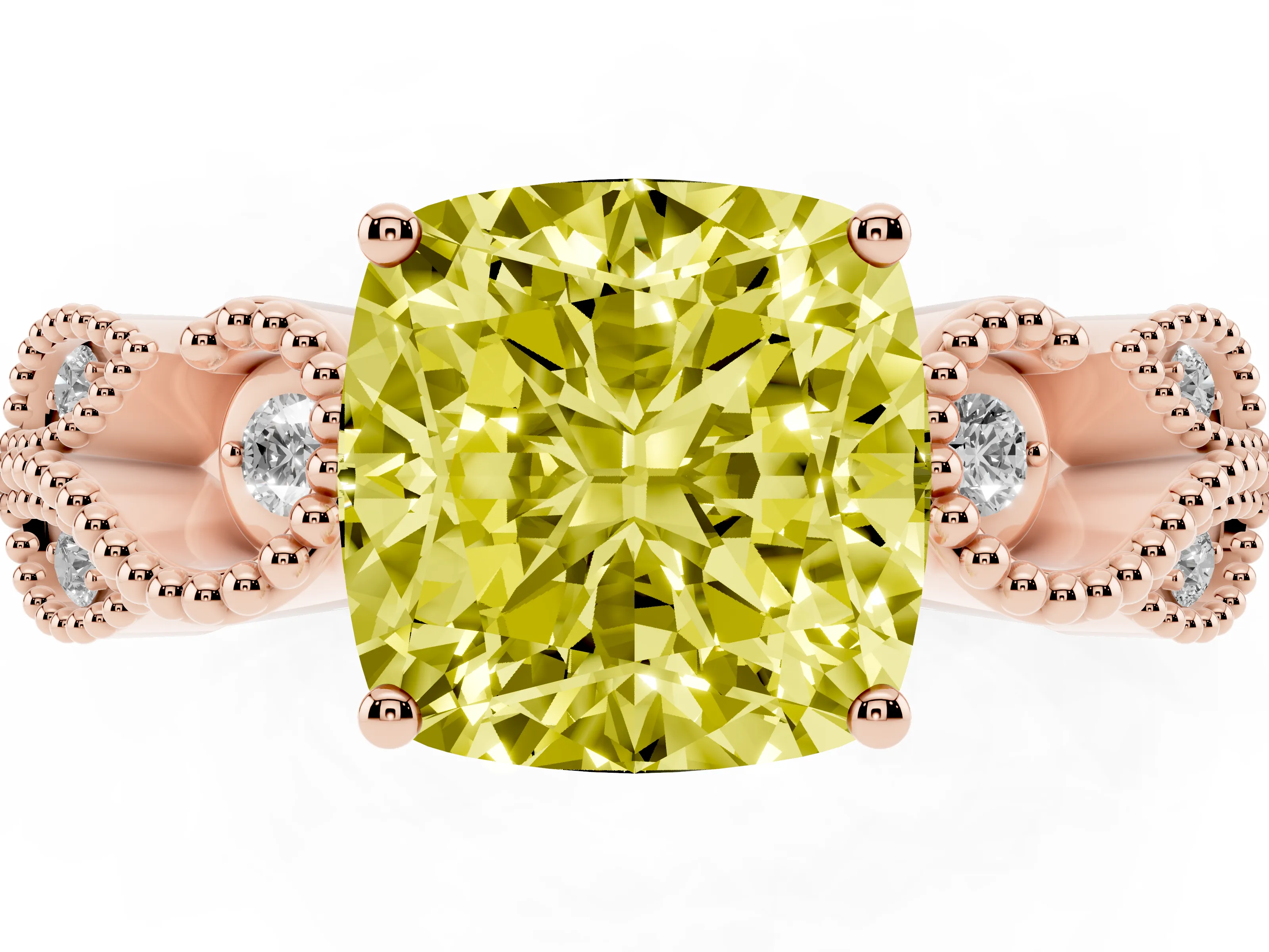 Fancy Yellow Cushion Cut Diamond Milgrain Leaf Band Solitaire Ring Set in Rose gold with Accent Stones and Prong Setting