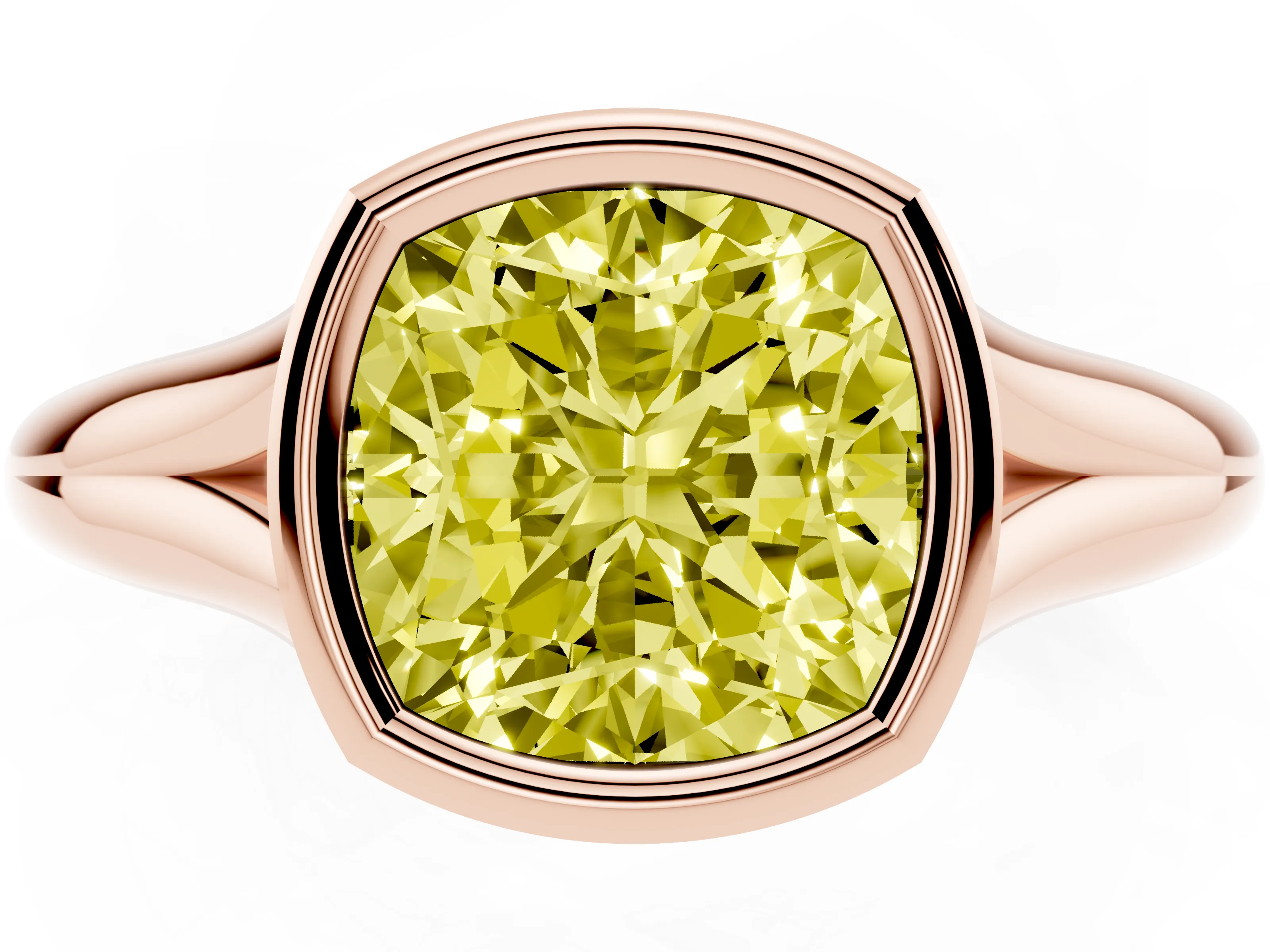 Fancy Yellow Bezel Set Cushion Cut Diamond Solitaire Ring Set in Rose gold with Smooth Band