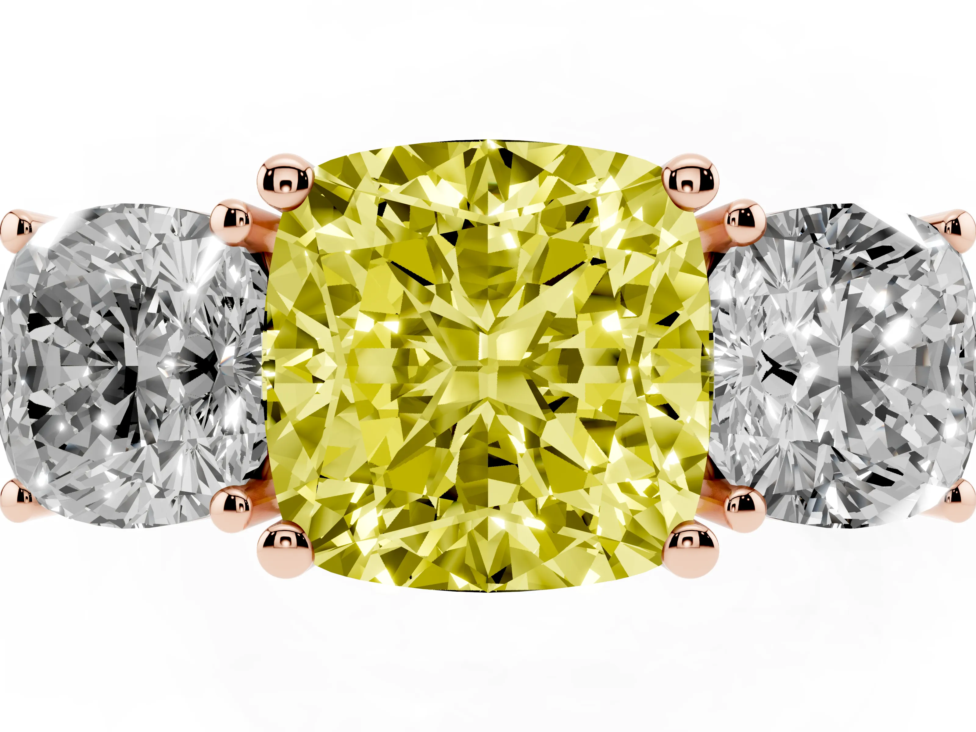 Fancy Yellow Cushion Cut Diamond Three-Stone Engagement Ring Set in Rose gold with Flat Band