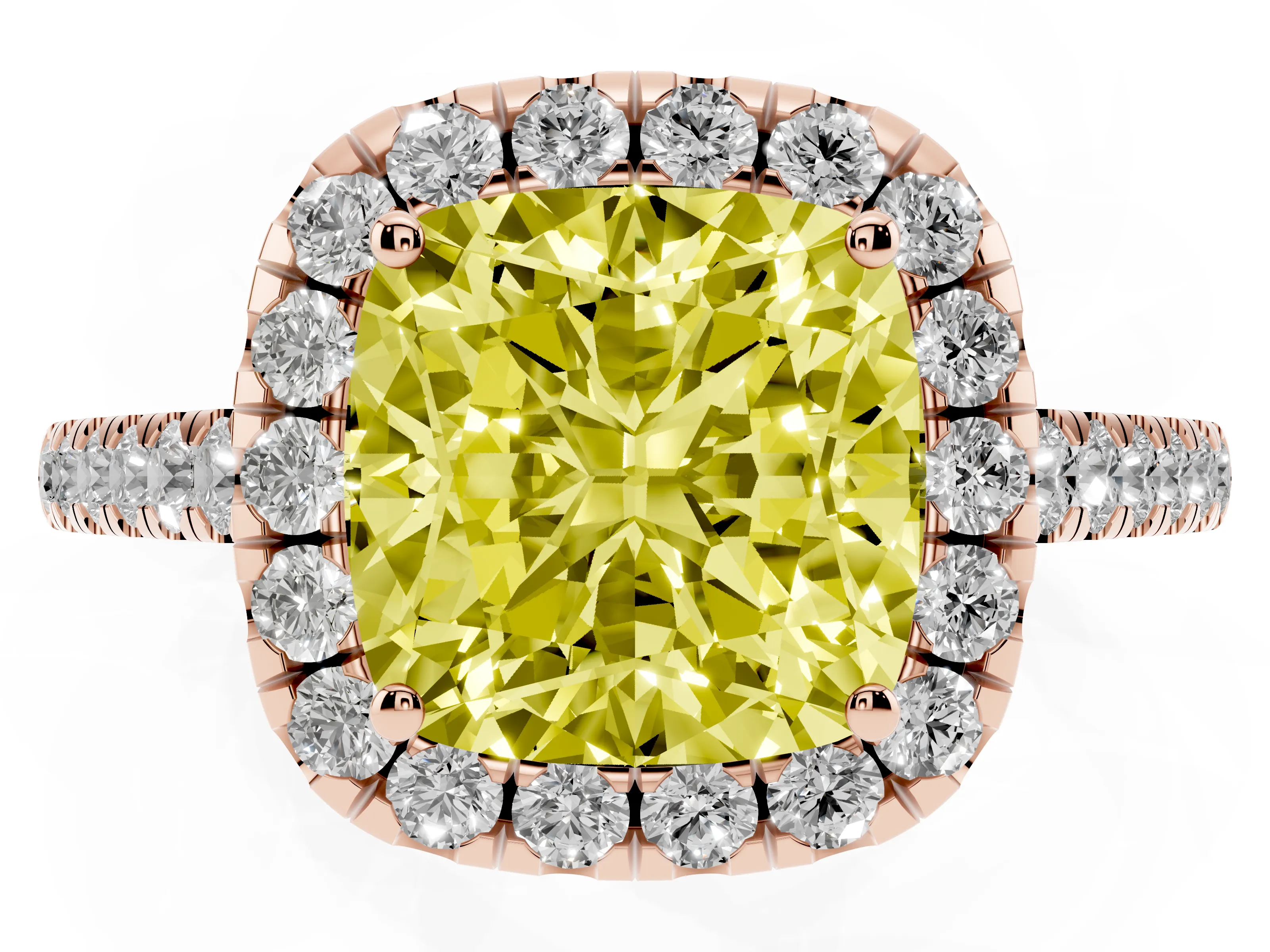 Fancy Yellow Cushion Cut Diamond Halo Pavé Engagement Ring Set in Rose gold with Prong Setting