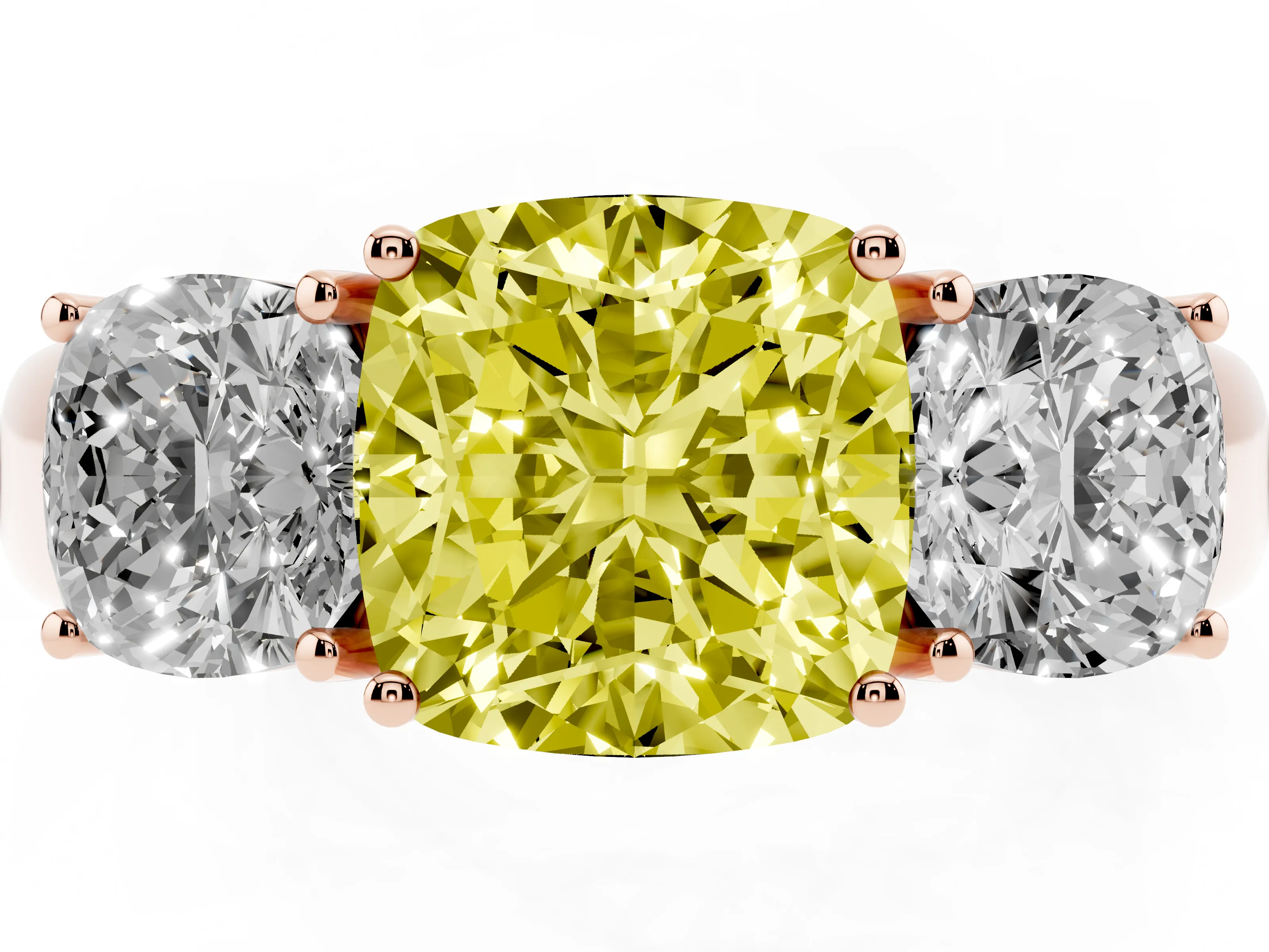 Fancy Yellow Three-Stone Cushion Cut Diamond Ring Set in Rose gold with Matching Prong Settings and Plain Band