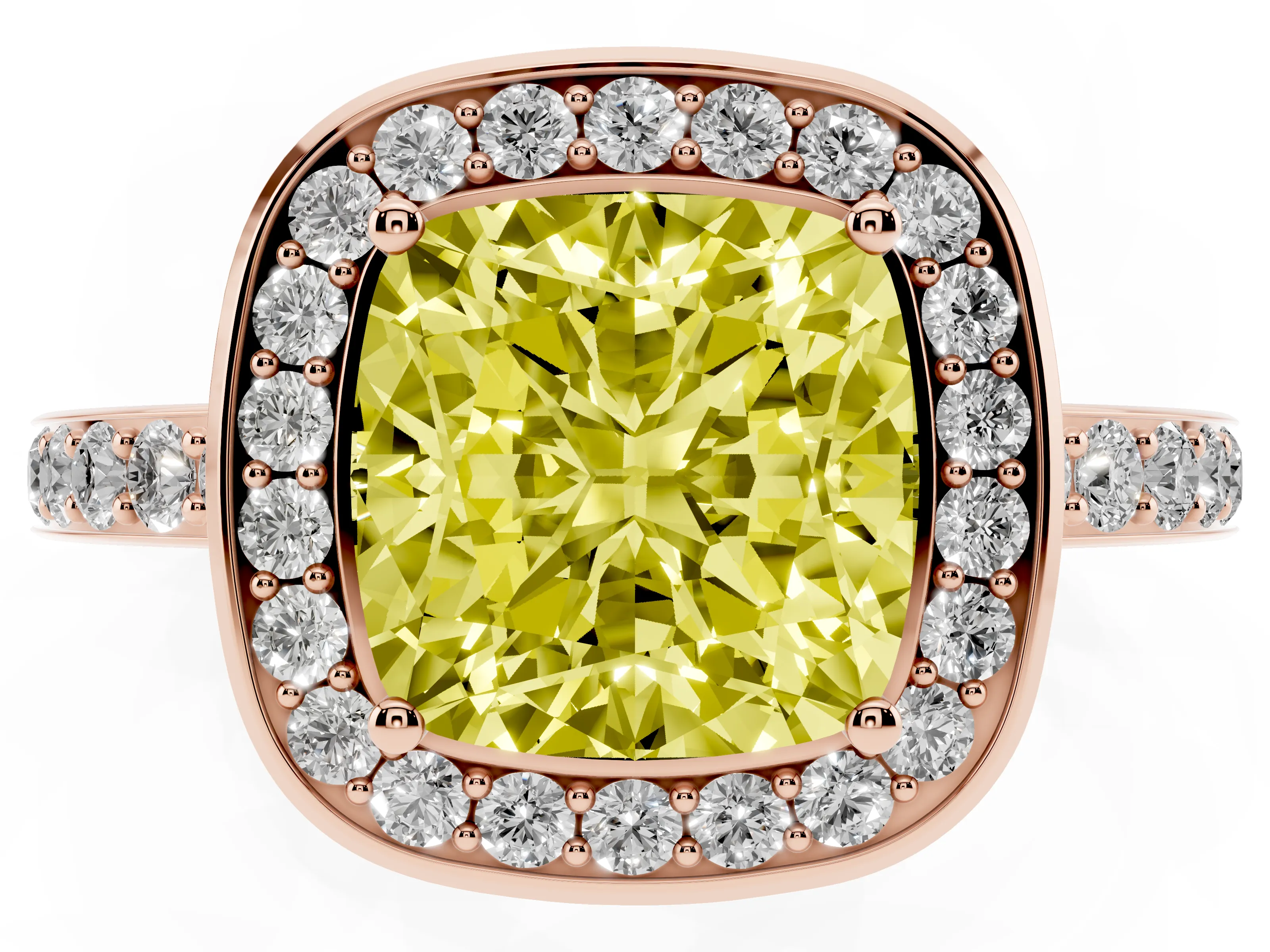 Fancy Yellow Cushion Cut Diamond Halo Ring Set in Rose gold with Bezel Frame and Pavé Band