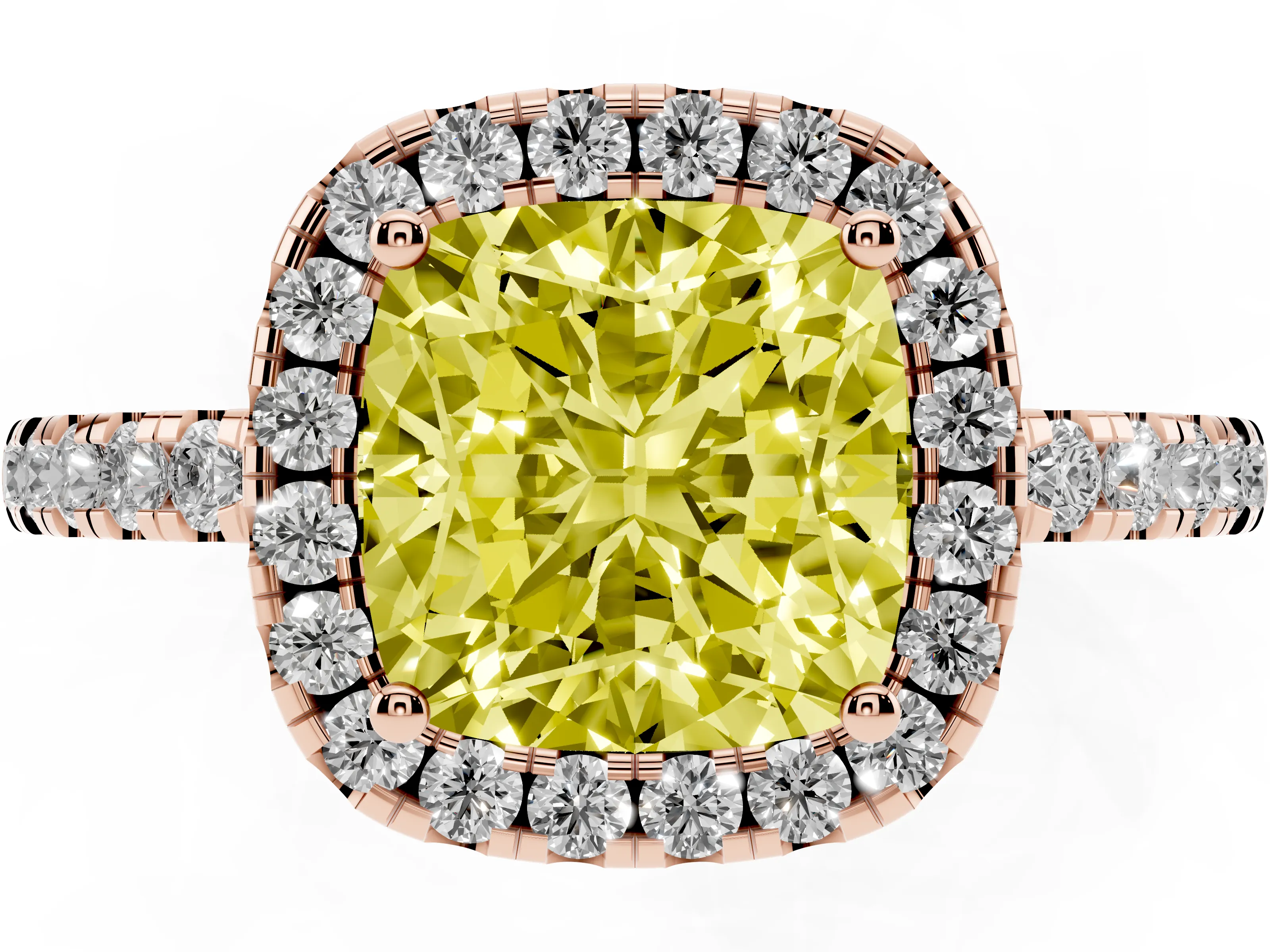 Fancy Yellow Cushion Cut Diamond Pavé Band Halo Engagement Ring Set in Rose gold with Prong Setting