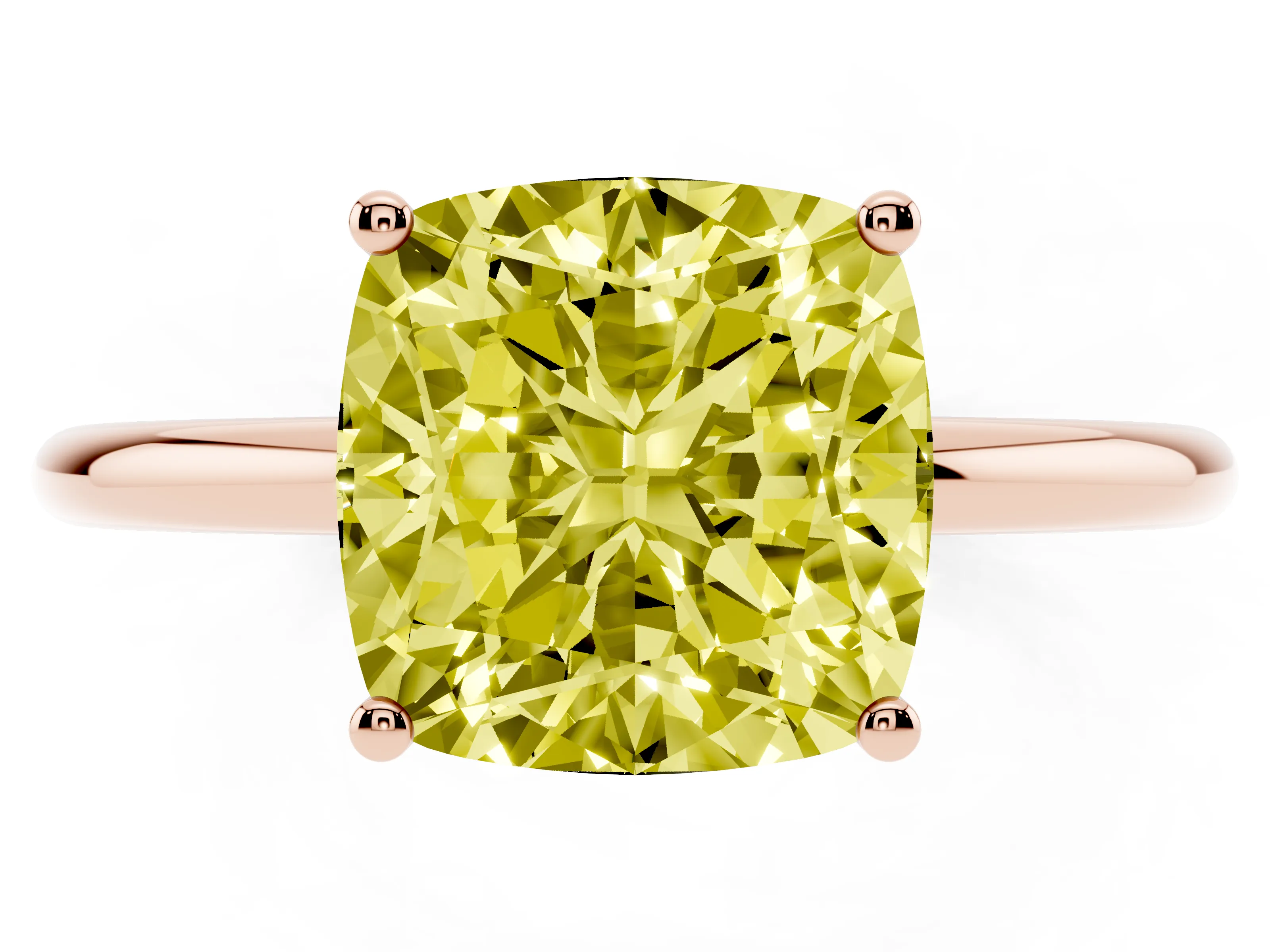 Fancy Yellow Cushion Cut Diamond Solitaire Engagement Ring Set in Rose gold with Thin Band and Prong Setting
