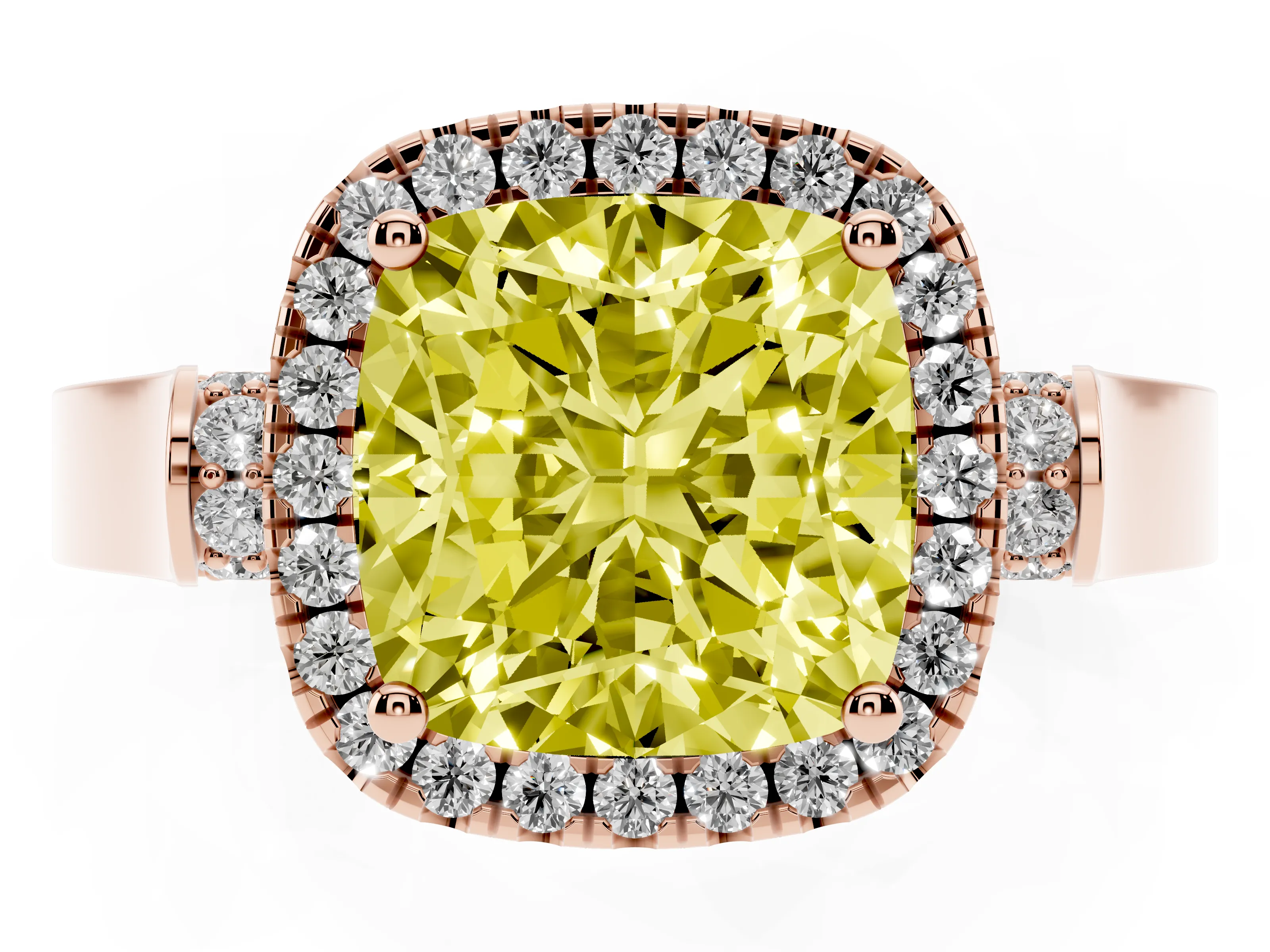 Fancy Yellow Cushion Cut Diamond Halo Ring Set in Rose gold with Pavé-Lined Split Shank Band