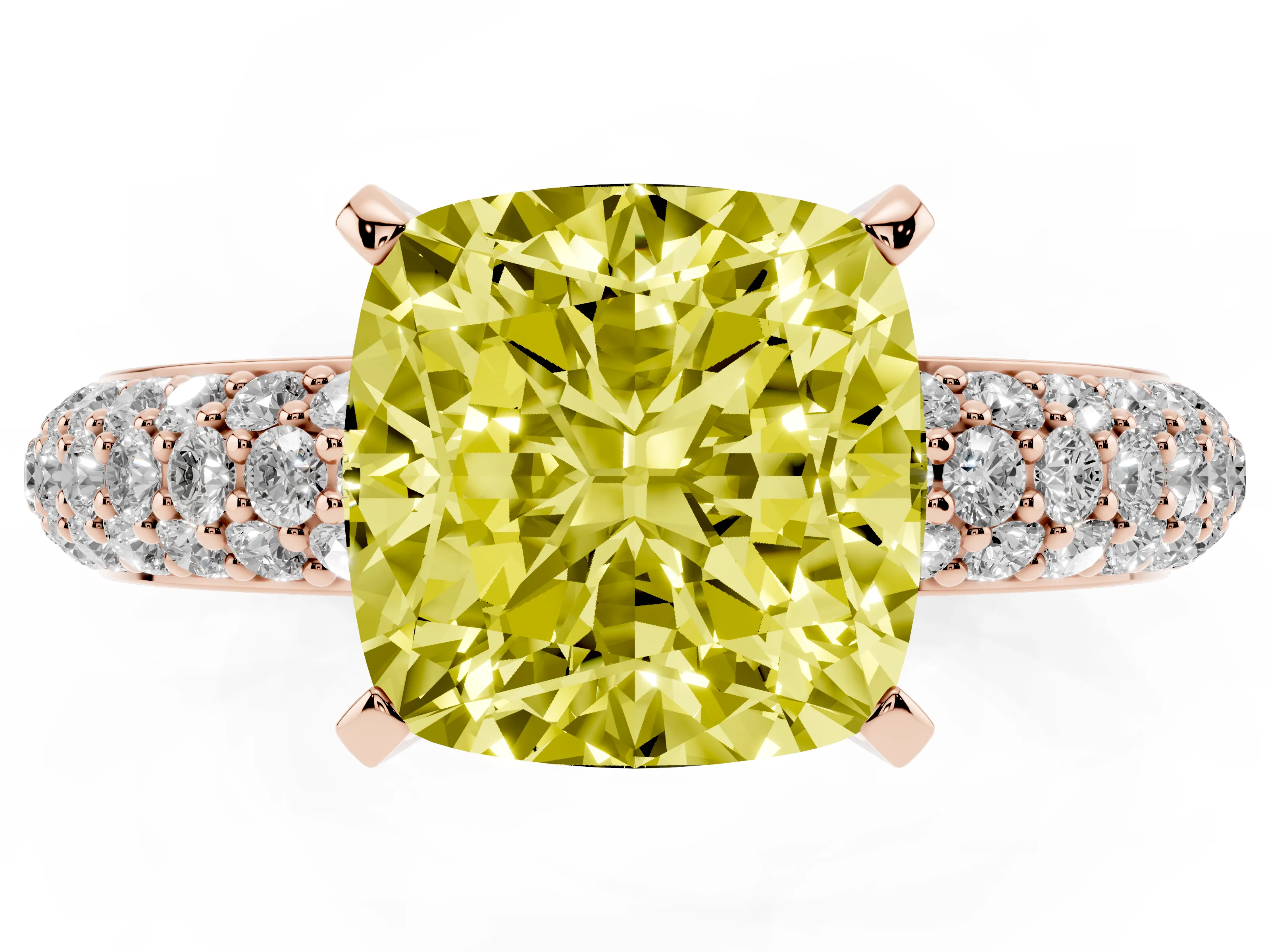 Fancy Yellow Cushion Cut Diamond Solitaire Ring Set in Rose gold with Prong Setting and Pavé-Set Band